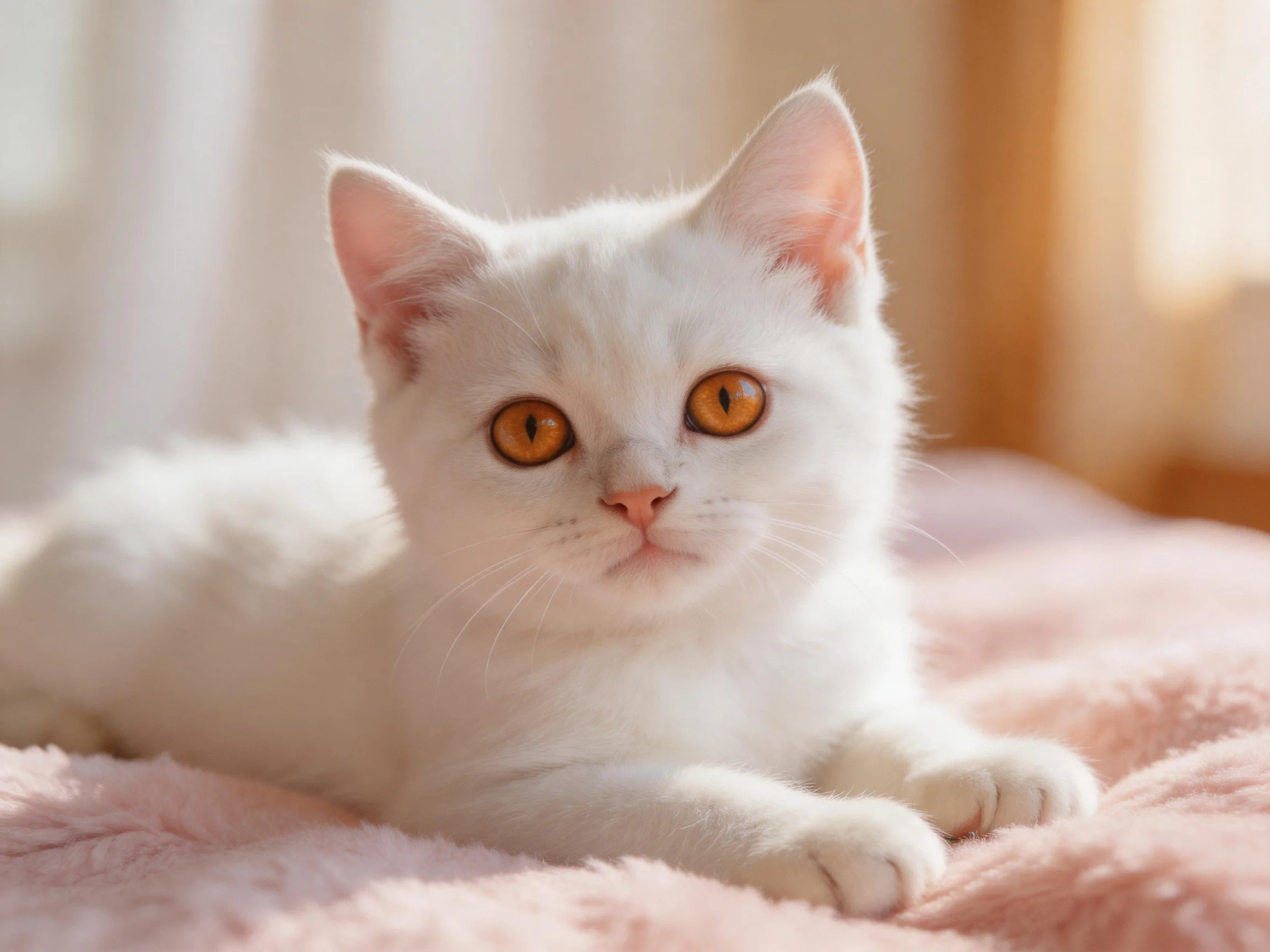 A white kitten with amber eyes relaxes on a soft pink blanket.
