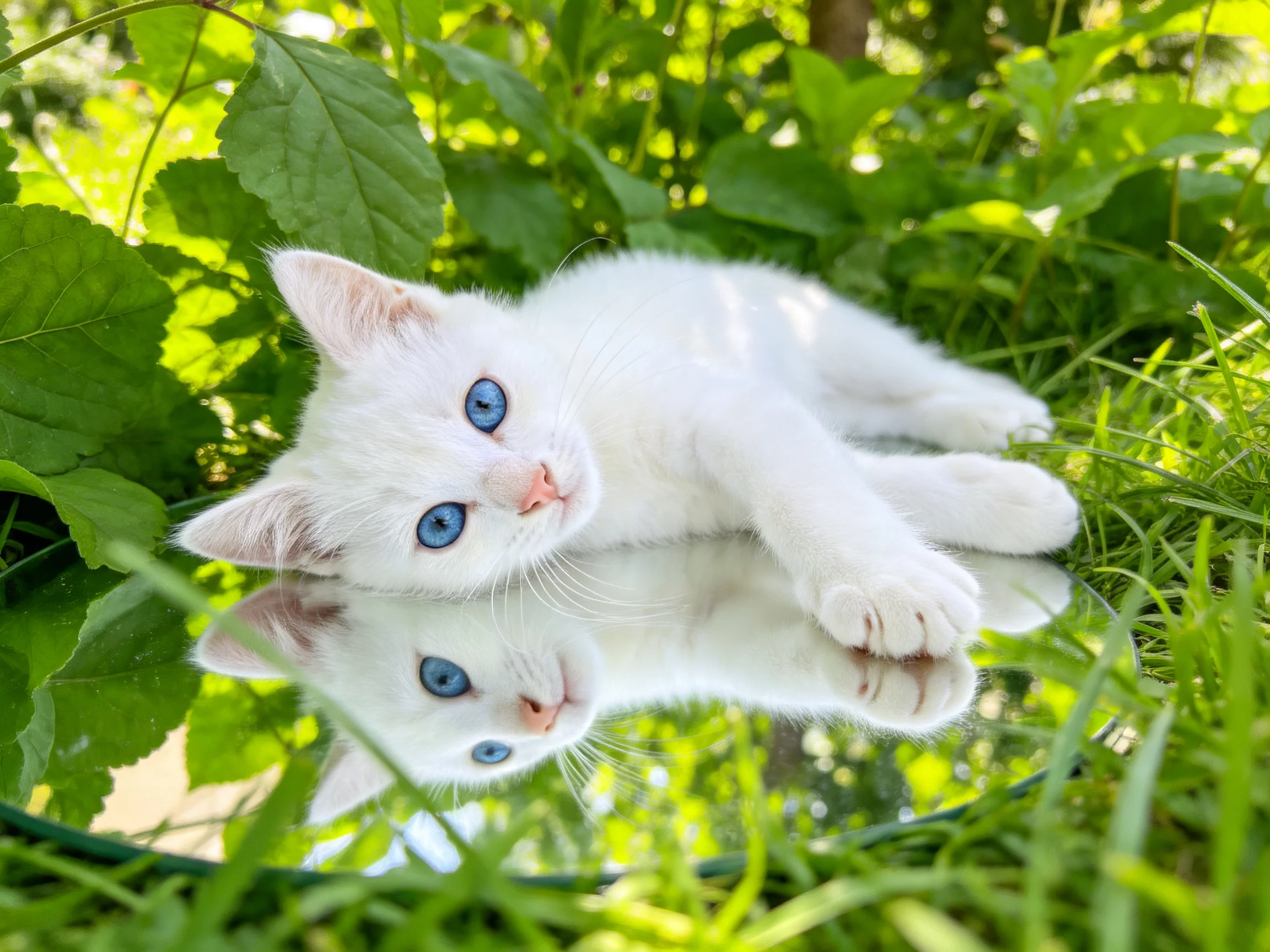 A white kitten with blue eyes relaxes beside a reflective surface in a sunlit, leafy area.