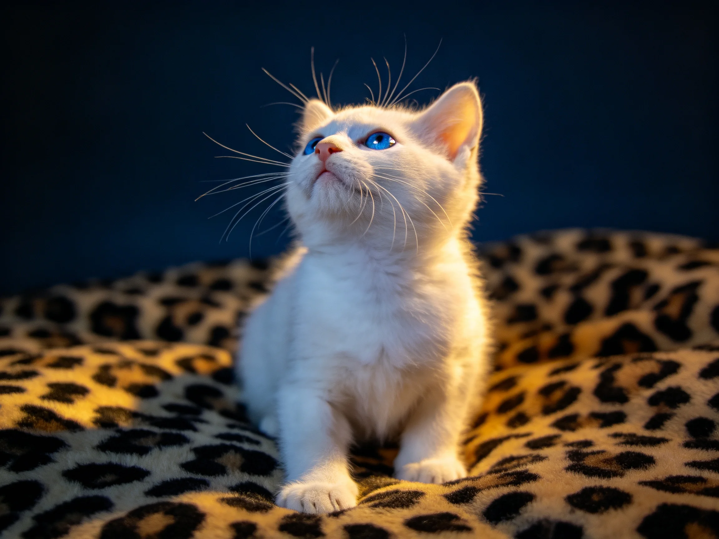 A white kitten with blue eyes sits on a leopard-print fabric against a dark background