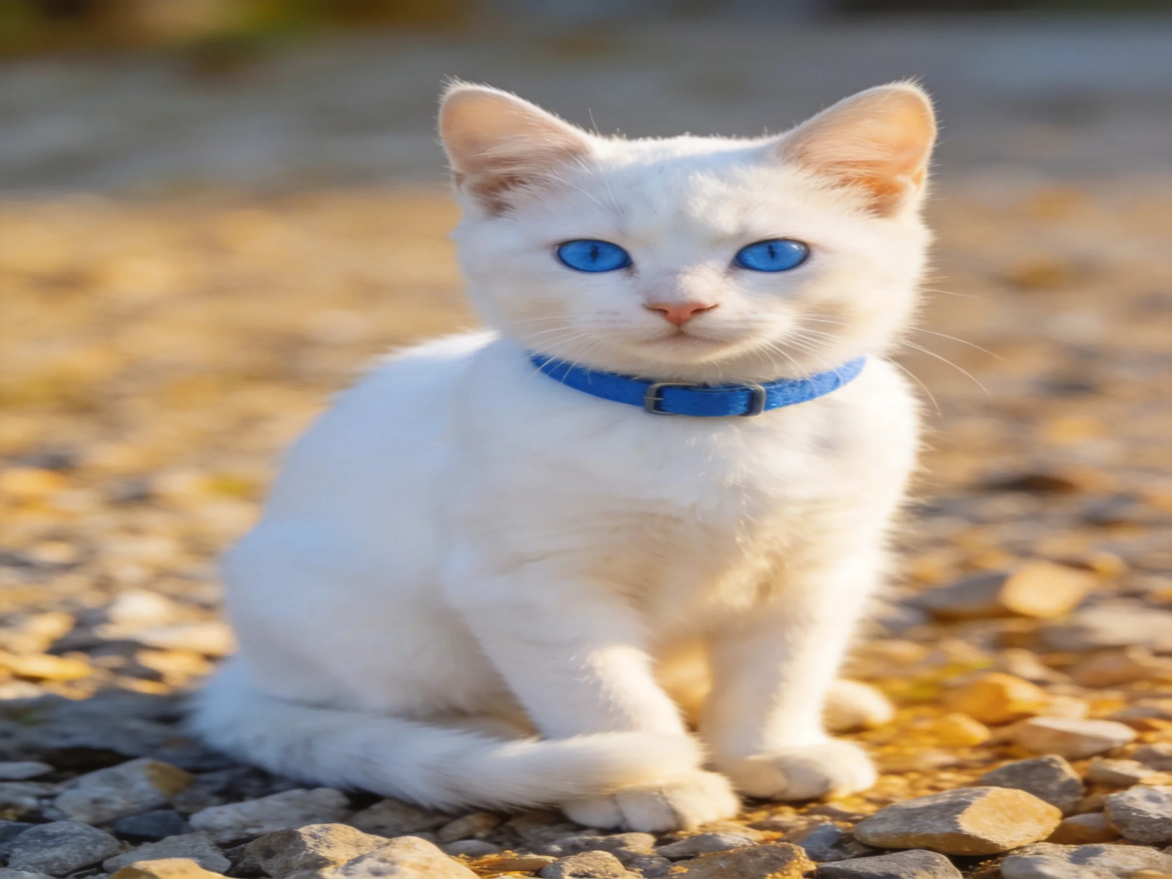 A white kitten with blue eyes and a blue collar sits on a gravel path.