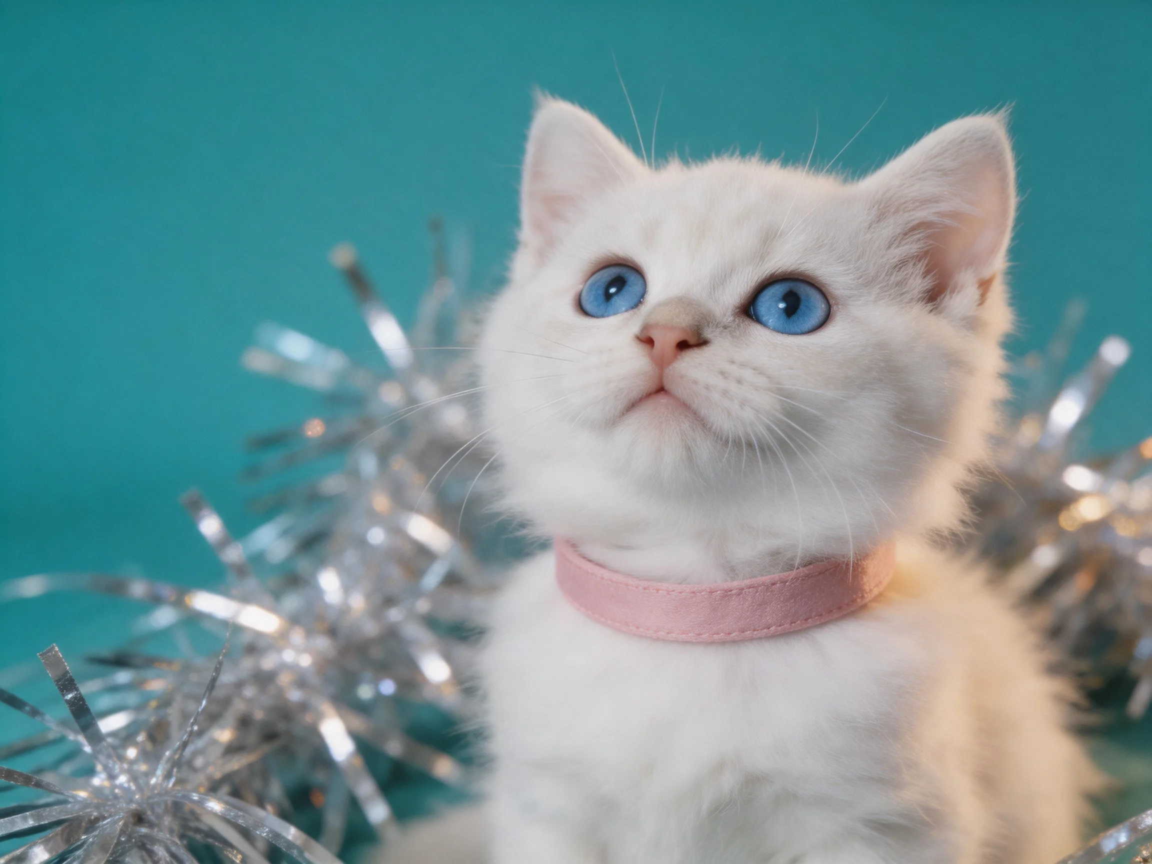 A white kitten with bright blue eyes sits amid silver decorations on a teal surface.