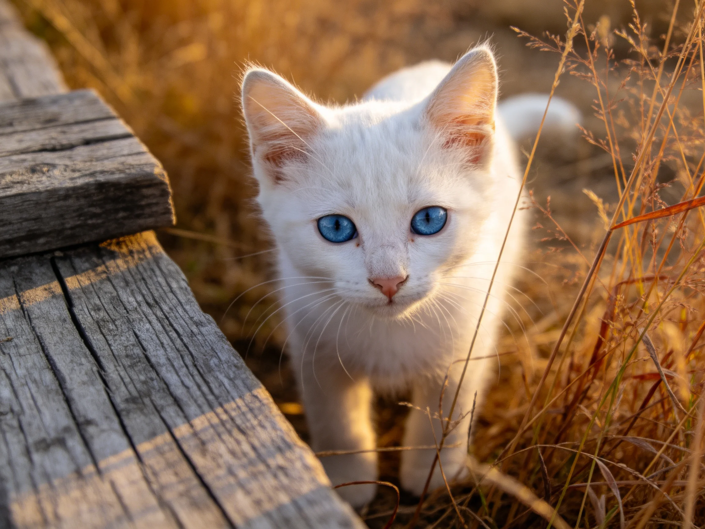 A white kitten with bright blue eyes stands near weathered wood and golden grasses.