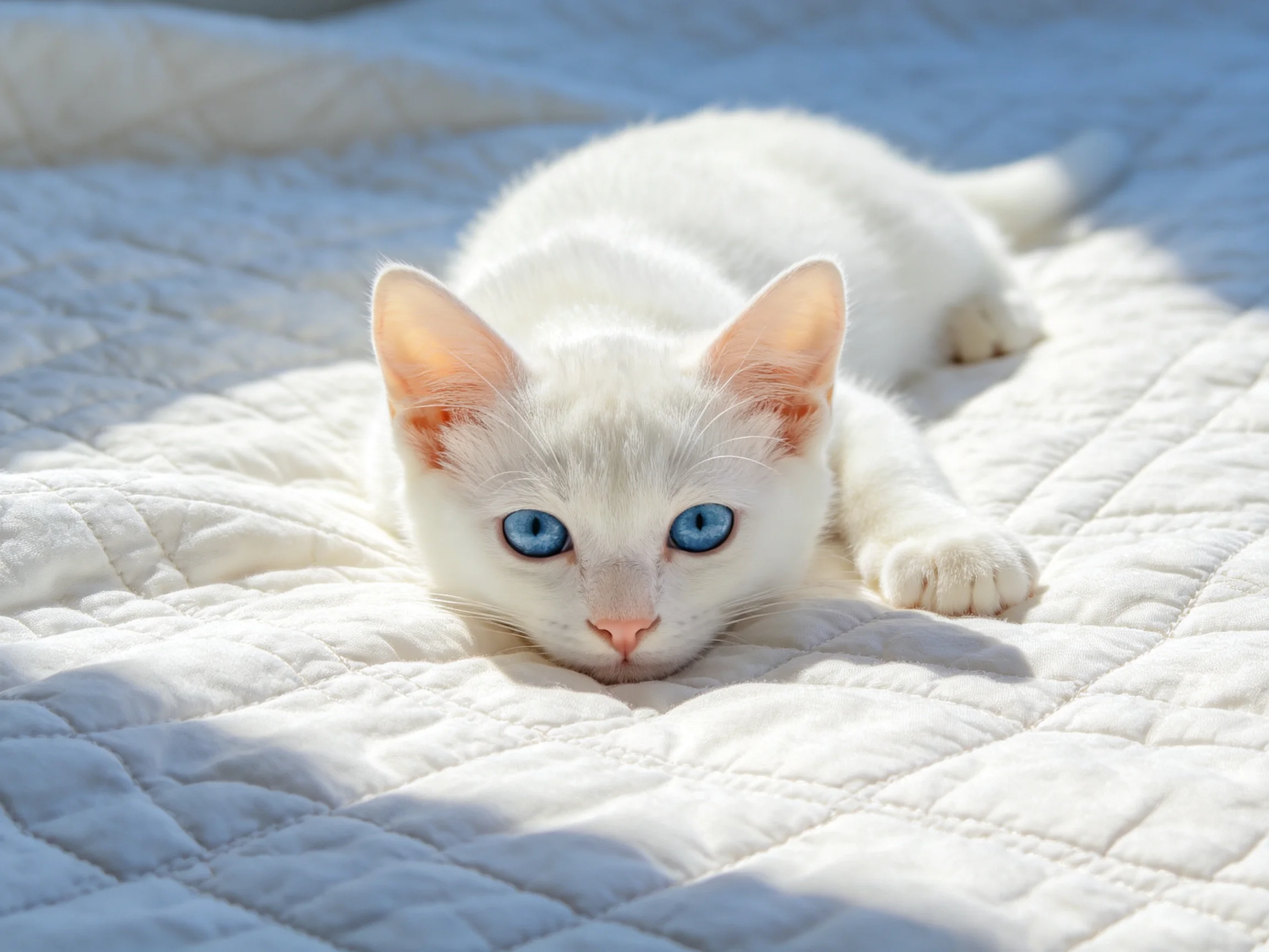 A white kitten with blue eyes rests on a quilted bedspread in sunlight.