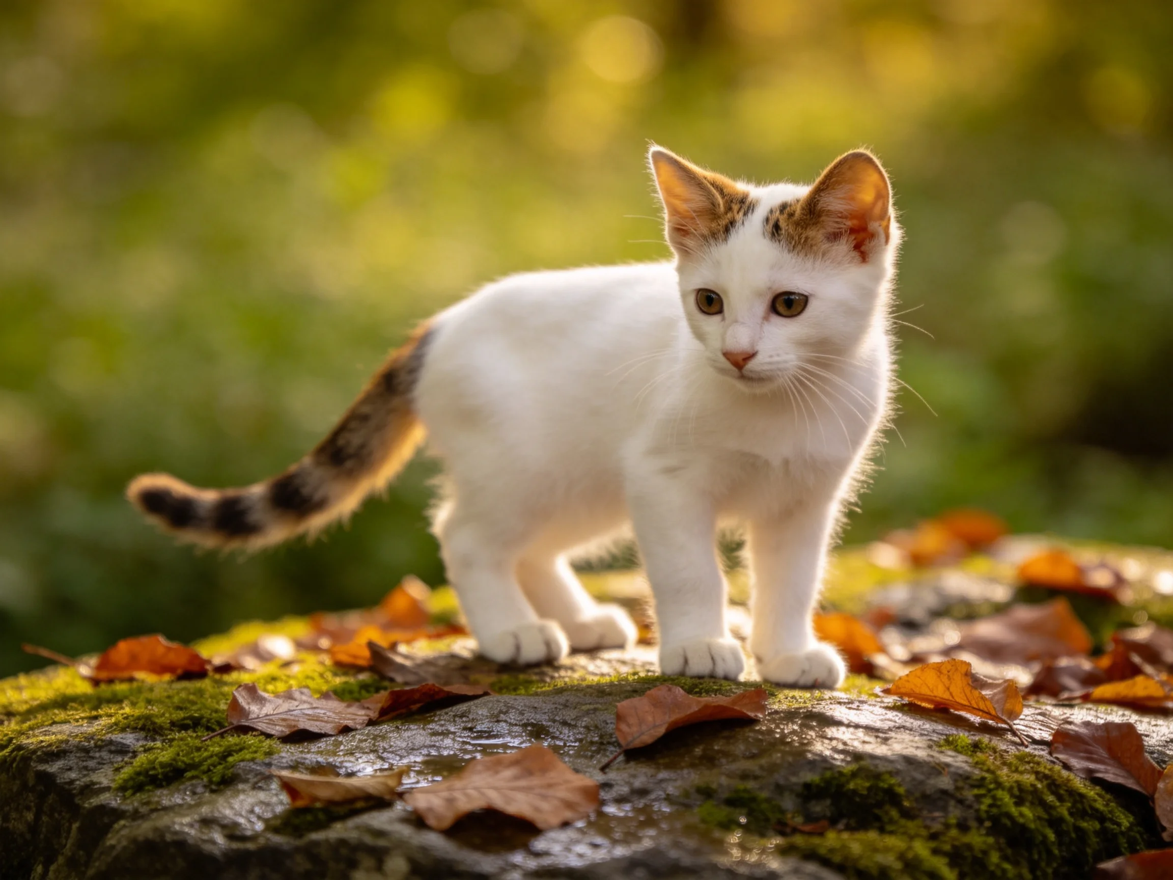 A white kitten with brown patches stands on a moss-covered rock amid autumn leaves