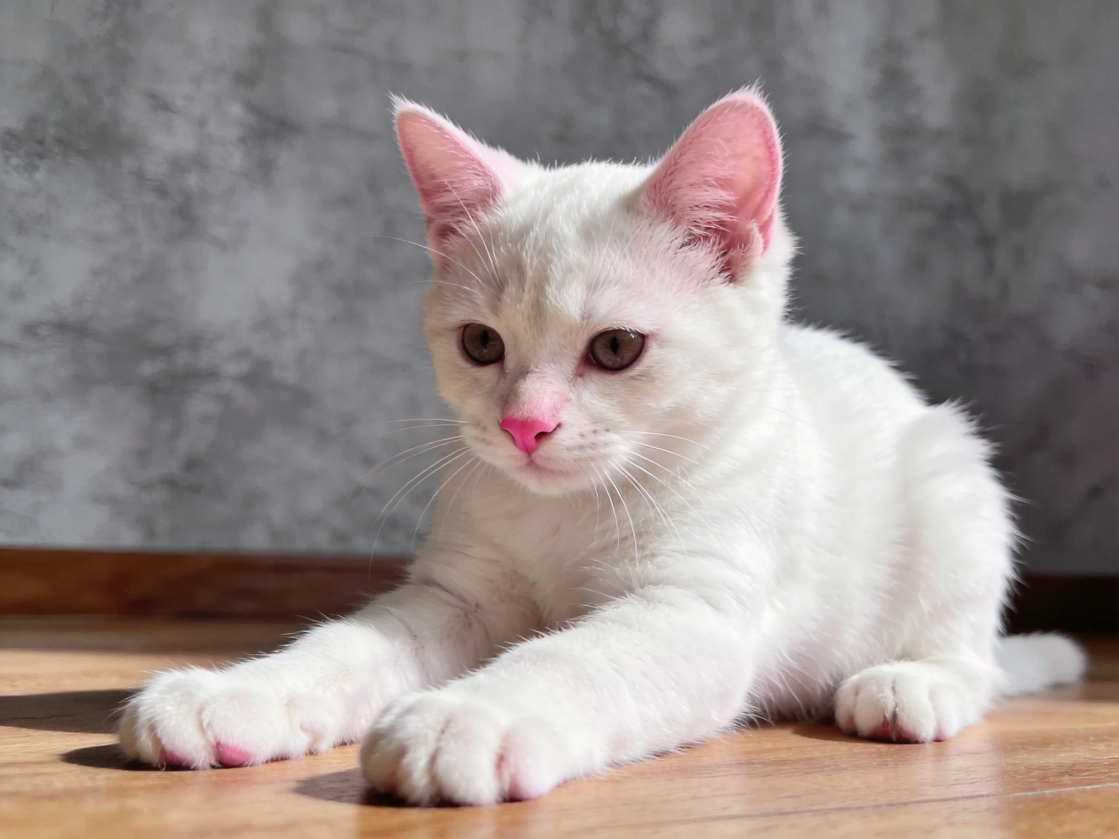 A white kitten with pink accents relaxes on a wooden floor beside a gray wall.