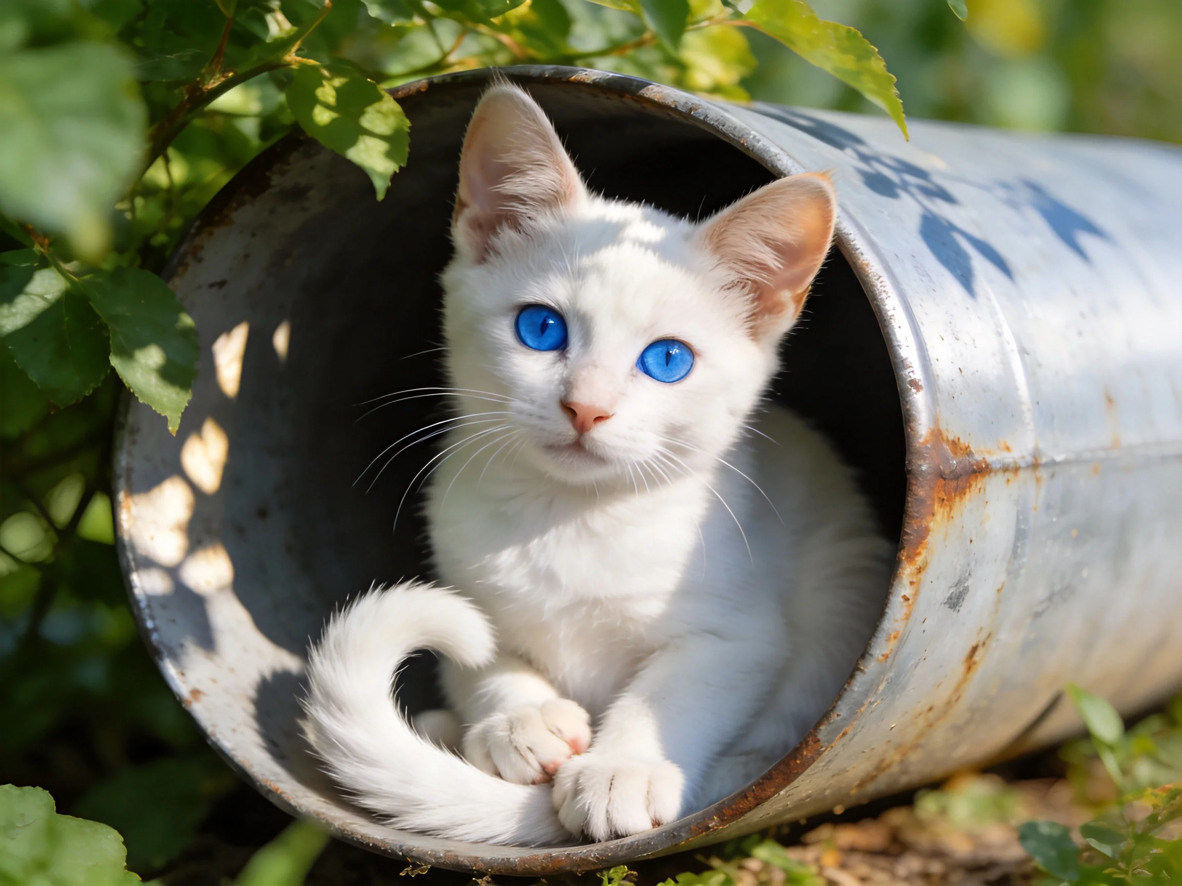 A white kitten with vivid blue eyes rests in a rusty metal tube amid green foliage