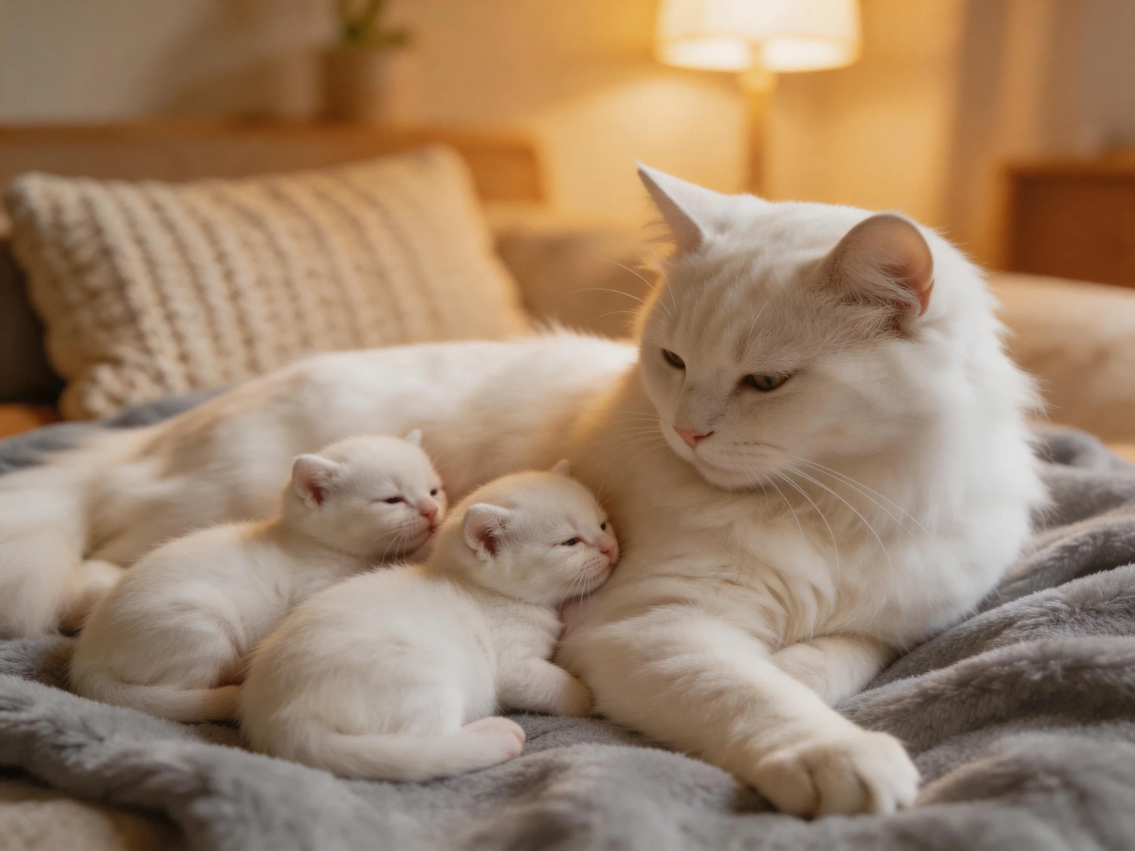 A white mother cat and two kittens rest on a soft gray blanket