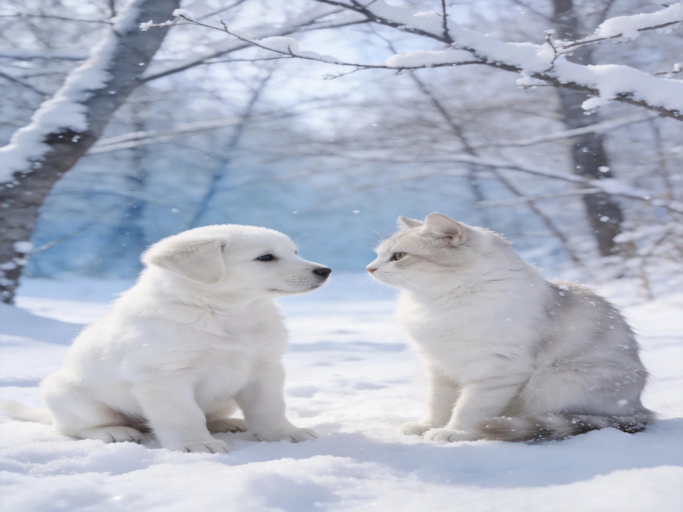 A white puppy and cat sit together in a snowy landscape