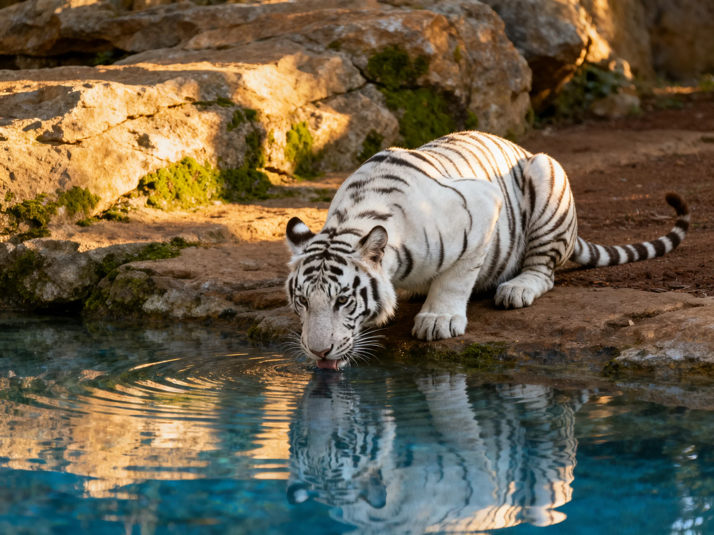 A white tiger drinks from water near rocky terrain.
