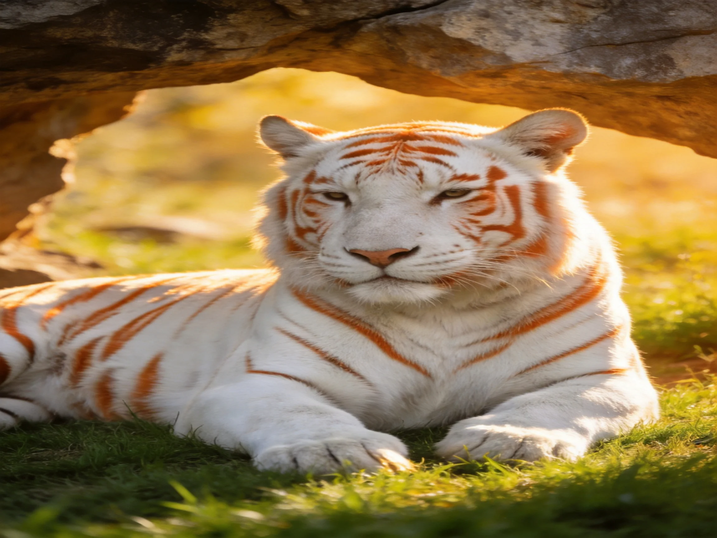 A white tiger with orange stripes rests under a rocky overhang