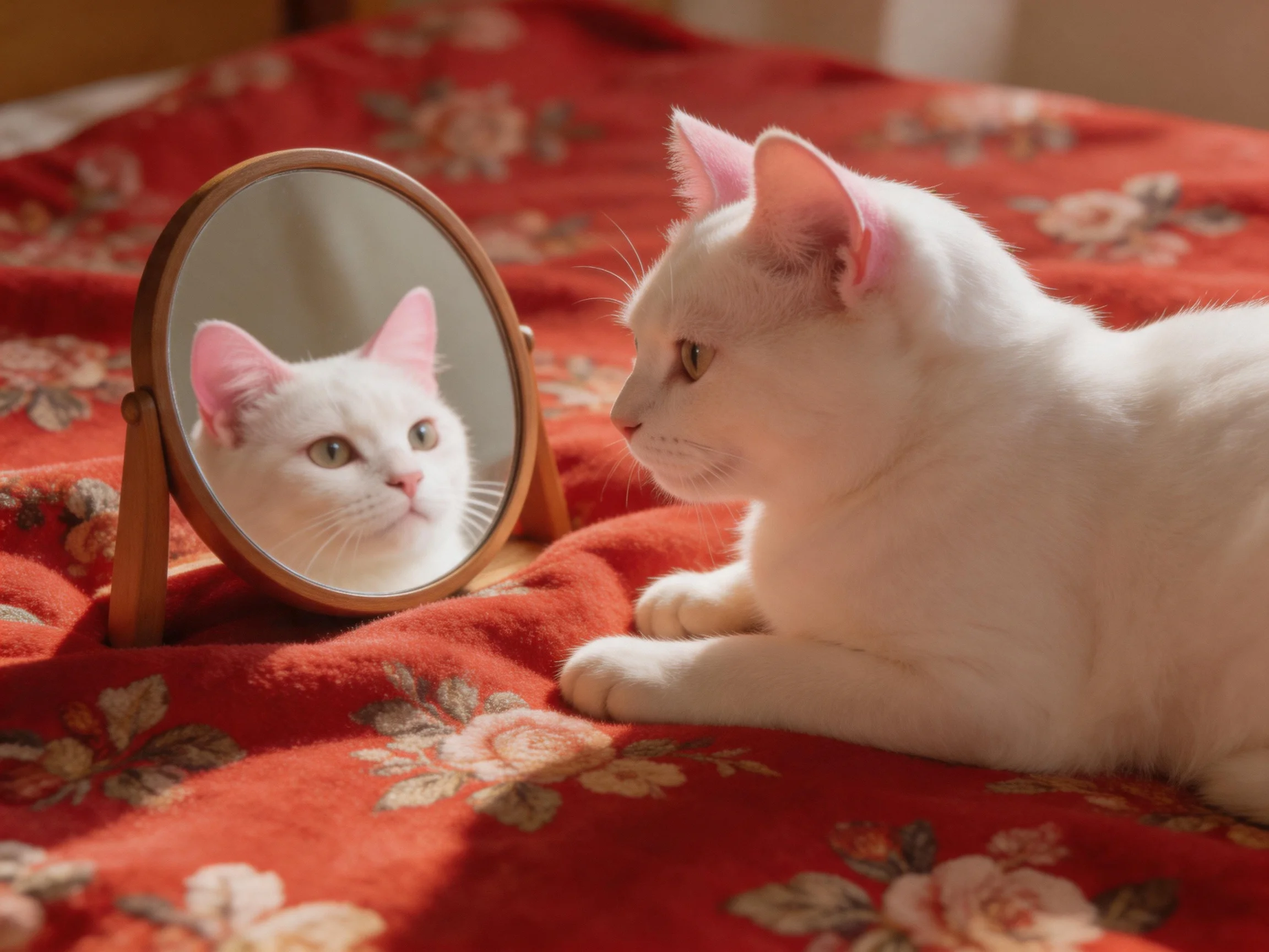 A whitecat examines its reflection in a round mirror on a red floral bedspread