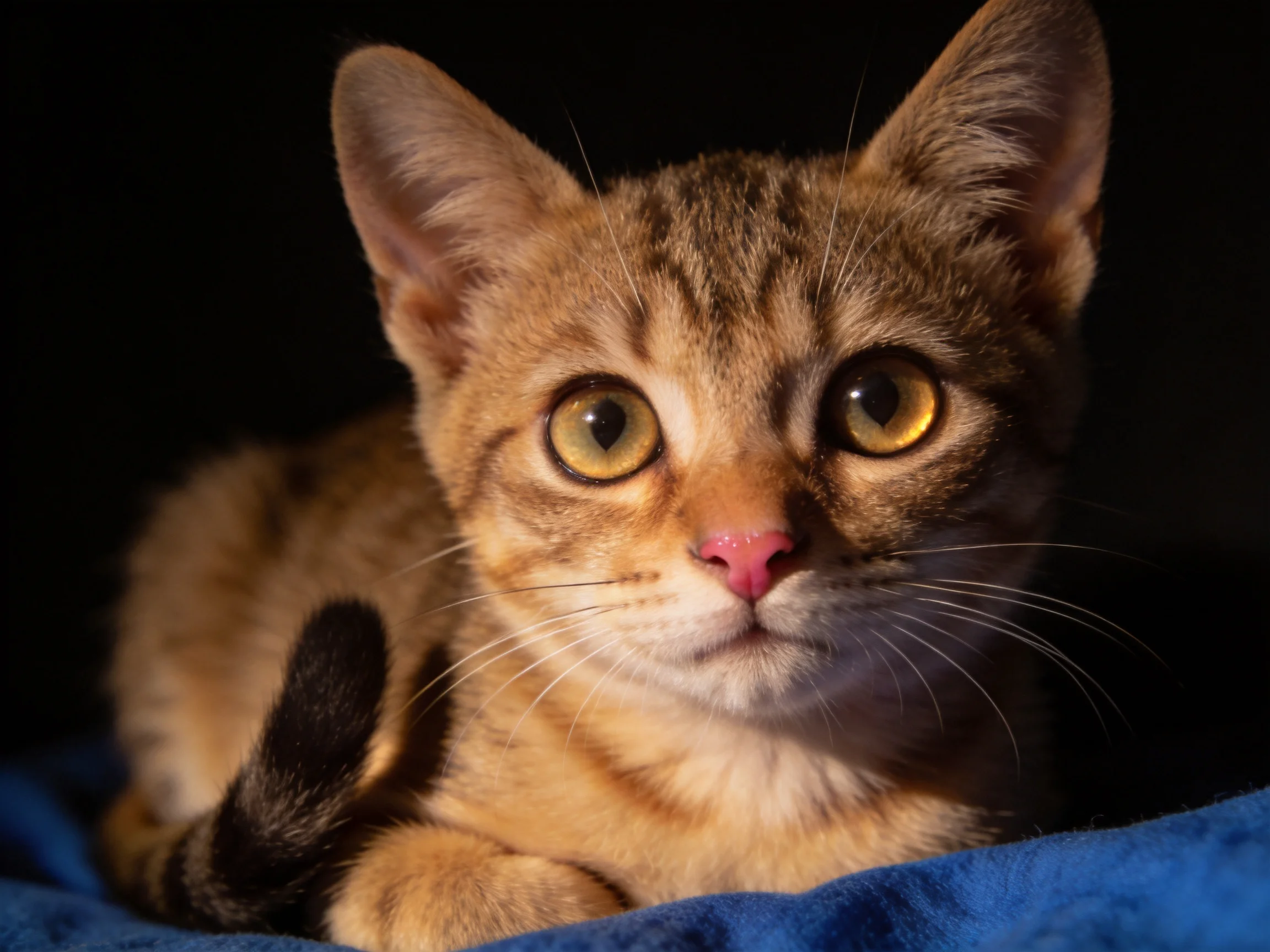 A wide-eyed brown tabby kitten rests on blue fabric in a dimly lit environment.