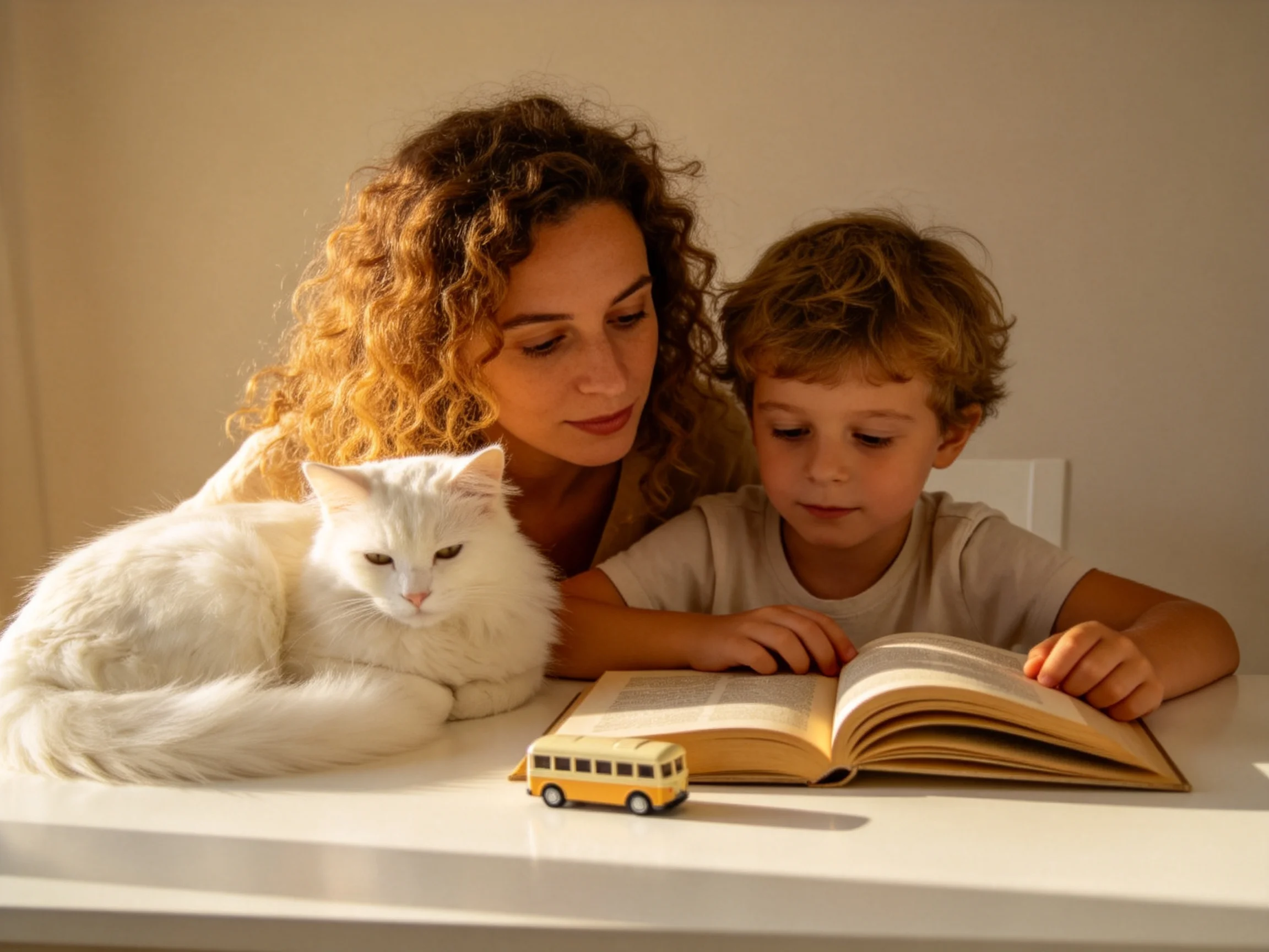 A woman, child, and white cat read together near a small yellow toy bus