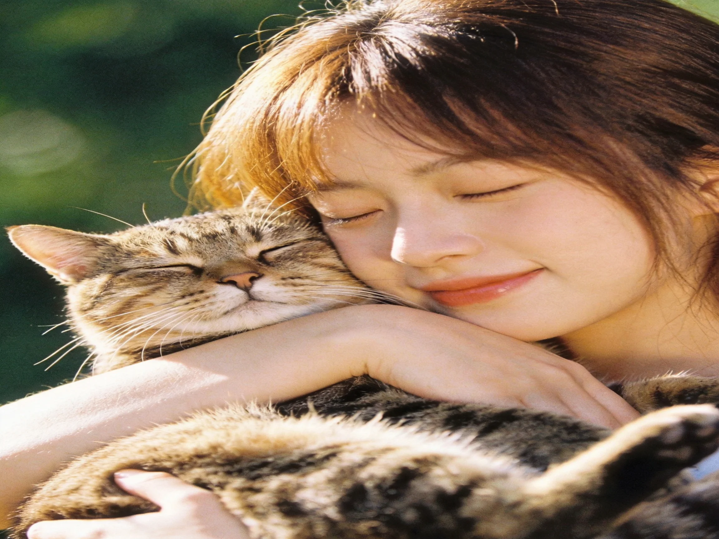A woman cuddling a brown tabby cat in a sunlit outdoor space