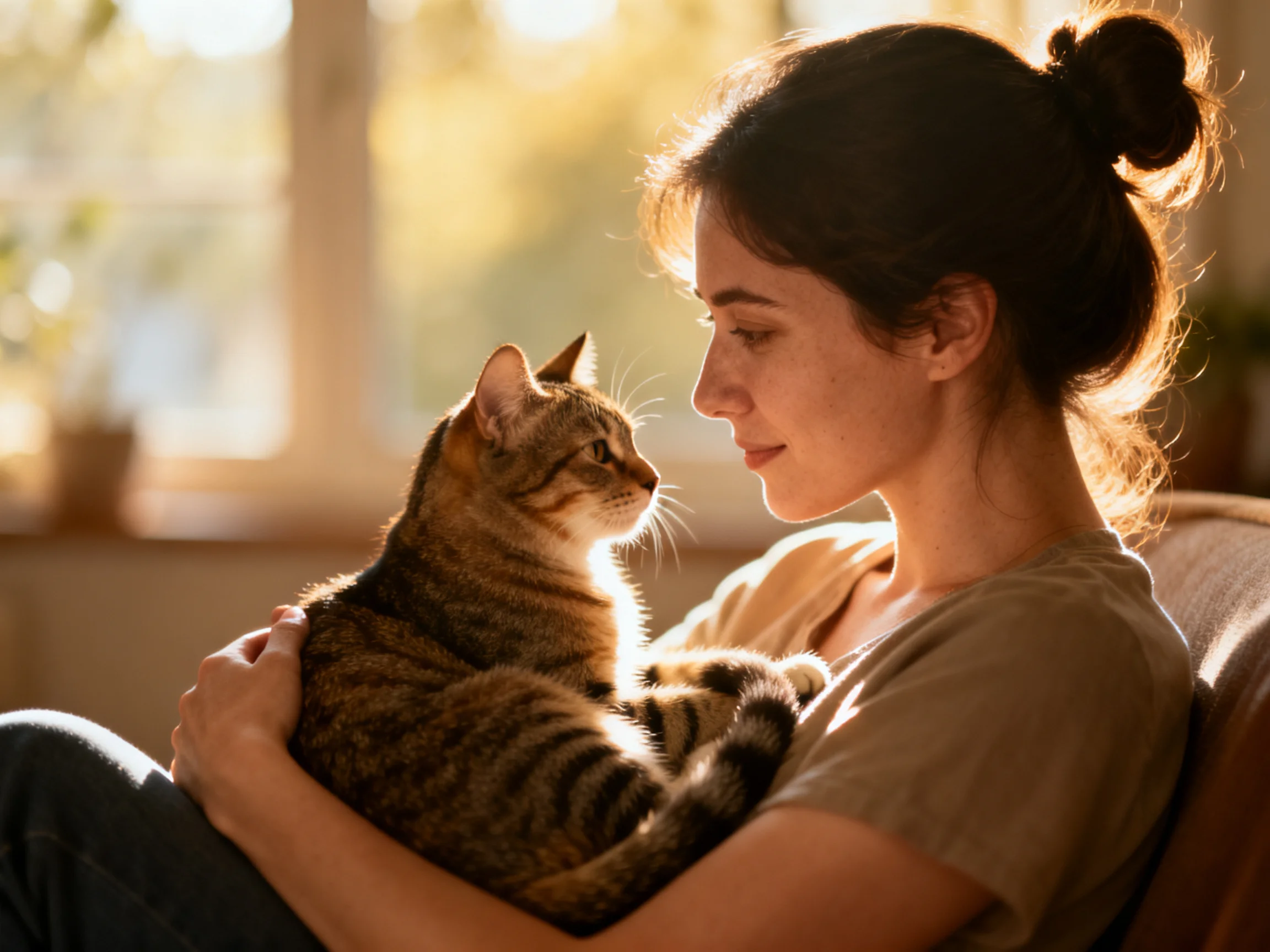 A woman holds a tabby cat in a sunlit room.