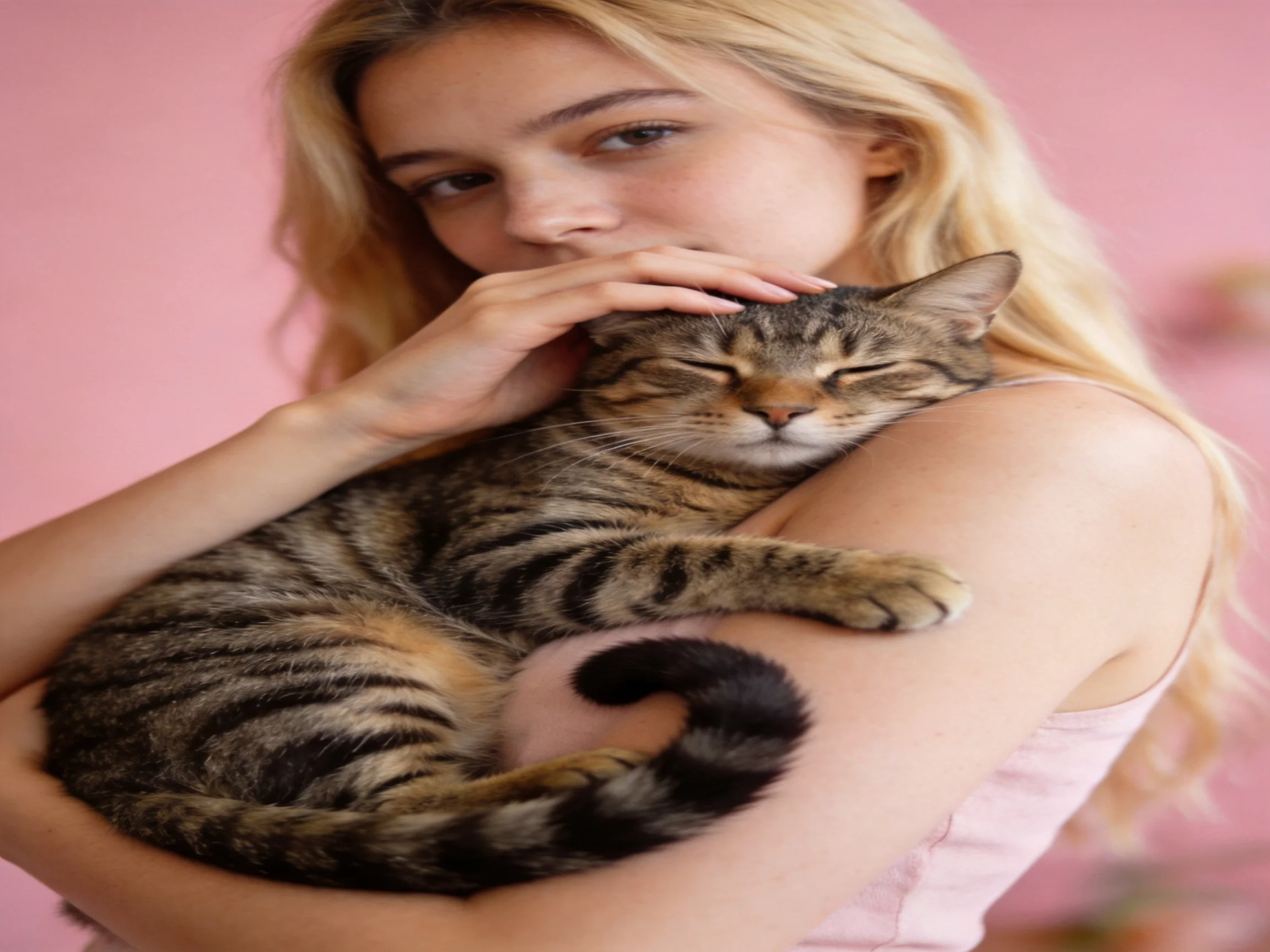 A woman holding a tabby cat against a pink backdrop
