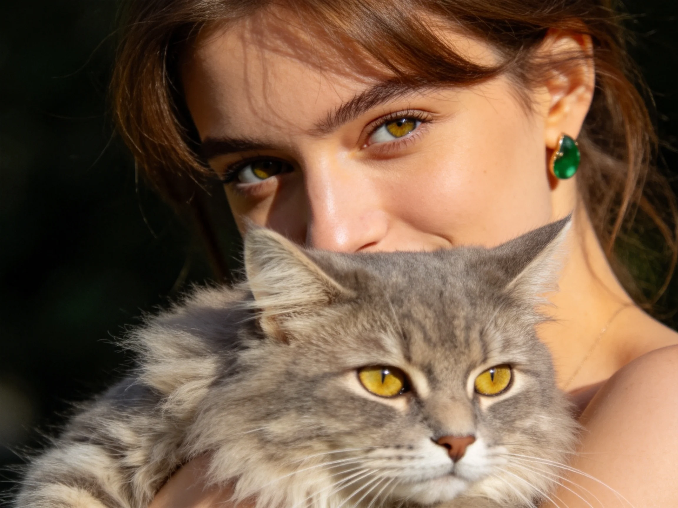A woman holds a gray cat with yellow eyes close to her face.