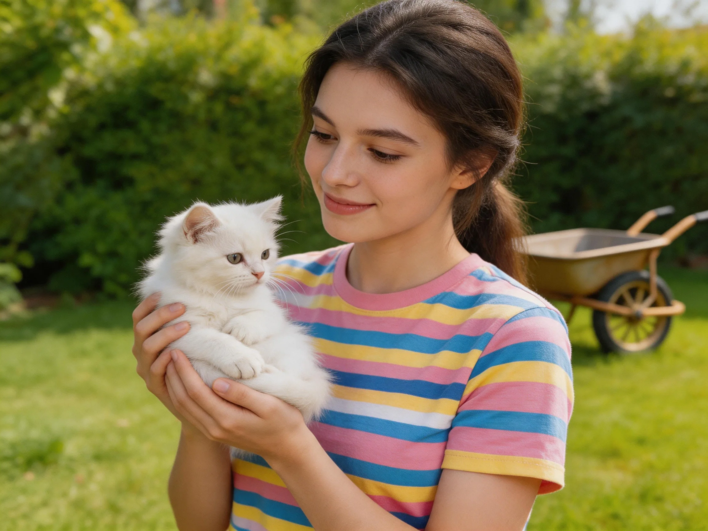 A woman holds a fluffy white kitten in a colorful striped shirt in a sunny garden
