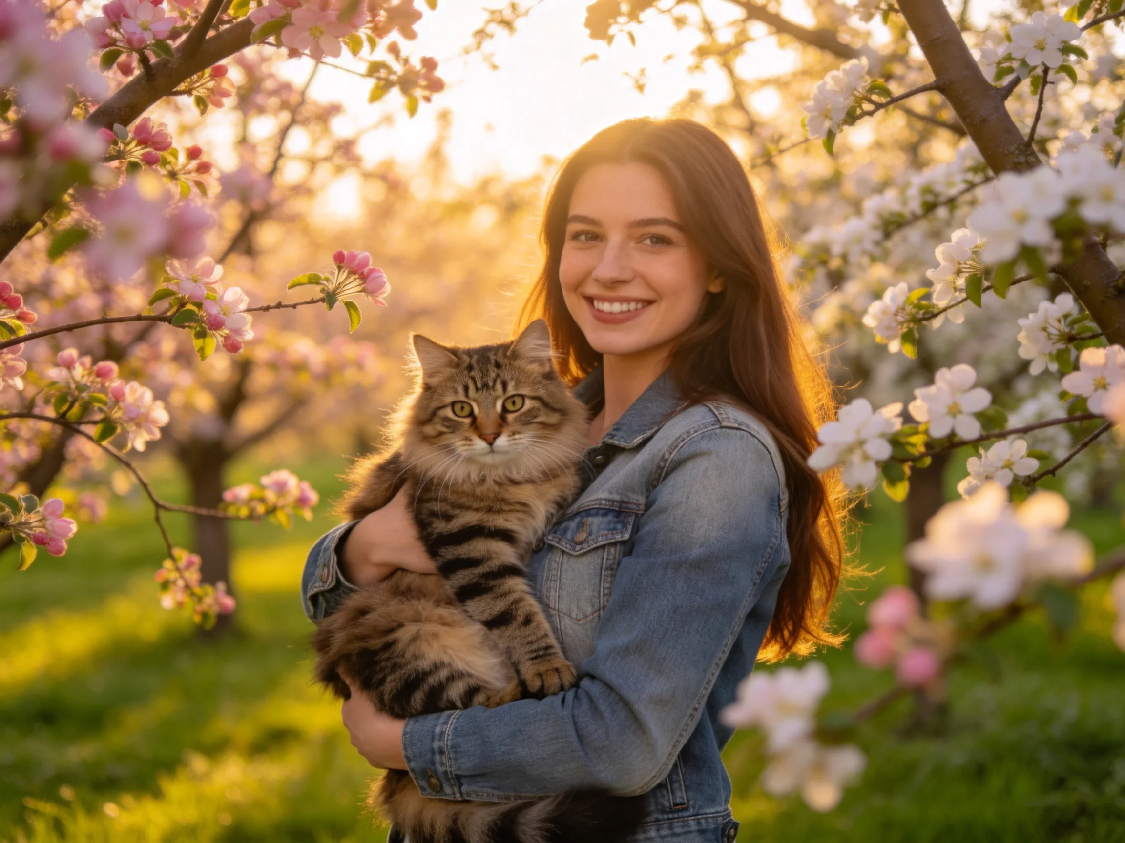 A woman holds a striped cat in a sunlit orchard of blooming trees.