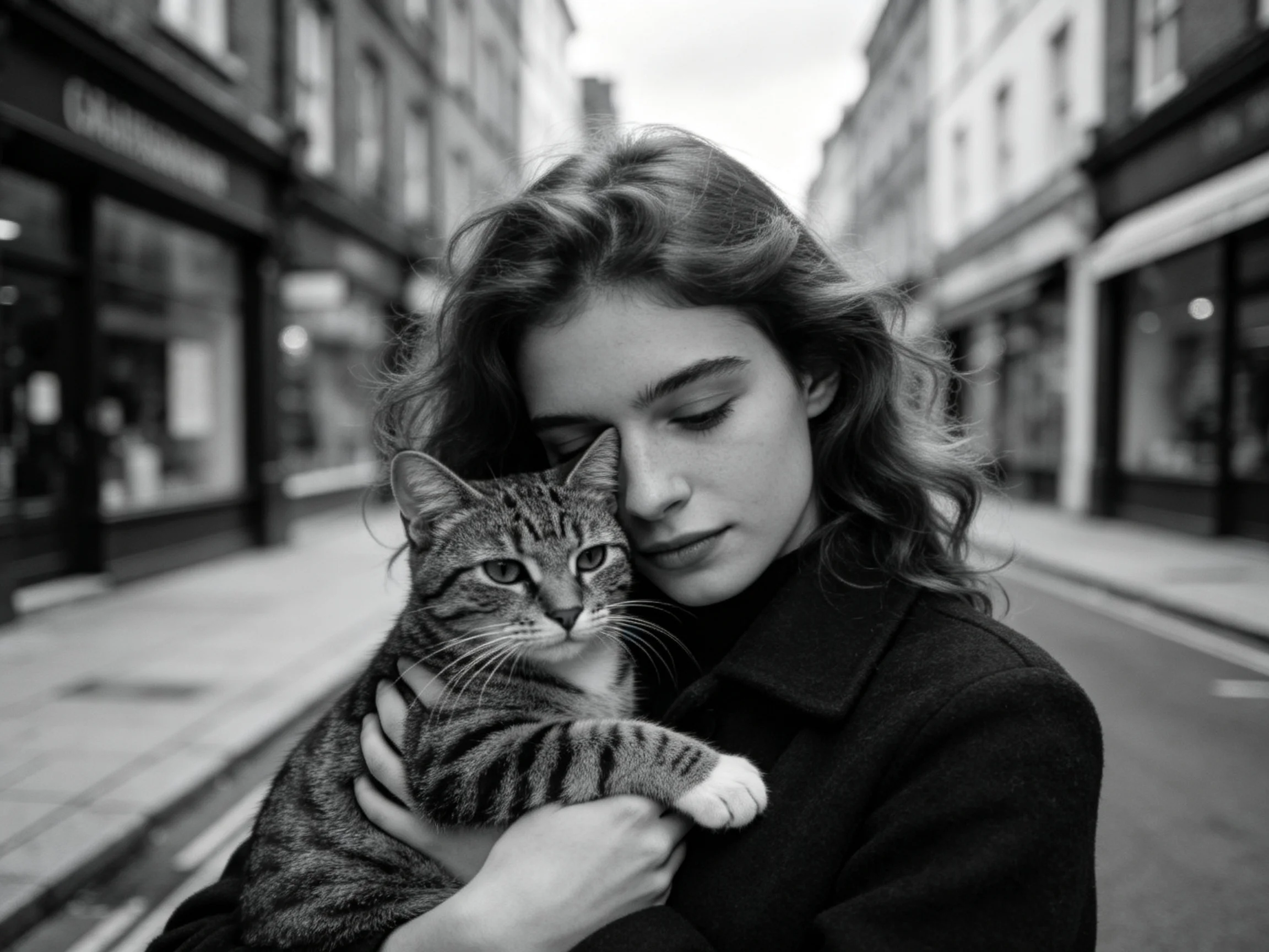 A woman holds a tabby cat in an empty city street