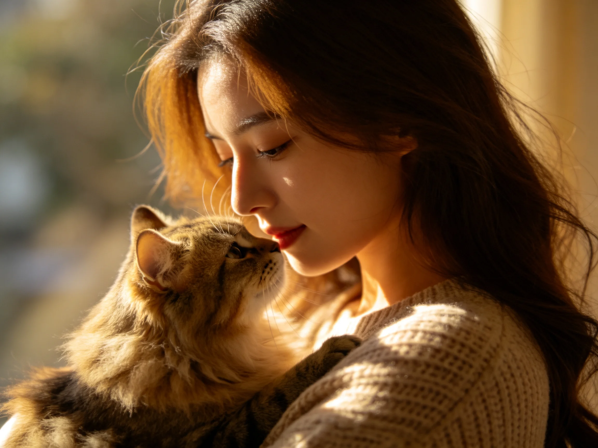 A woman in a beige sweater holds a brown tabby cat near warm natural light