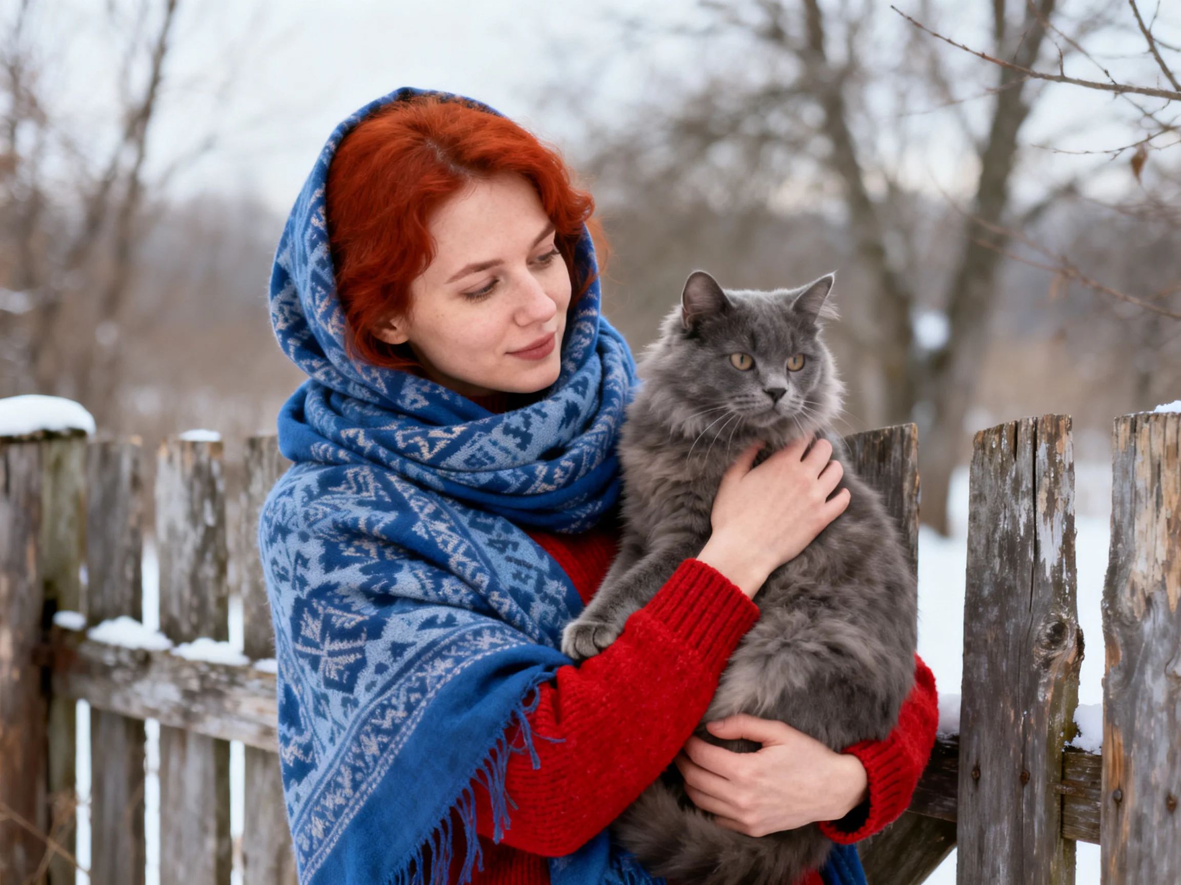 A woman in a blue patterned scarf holds a gray cat by a snow-covered wooden fence