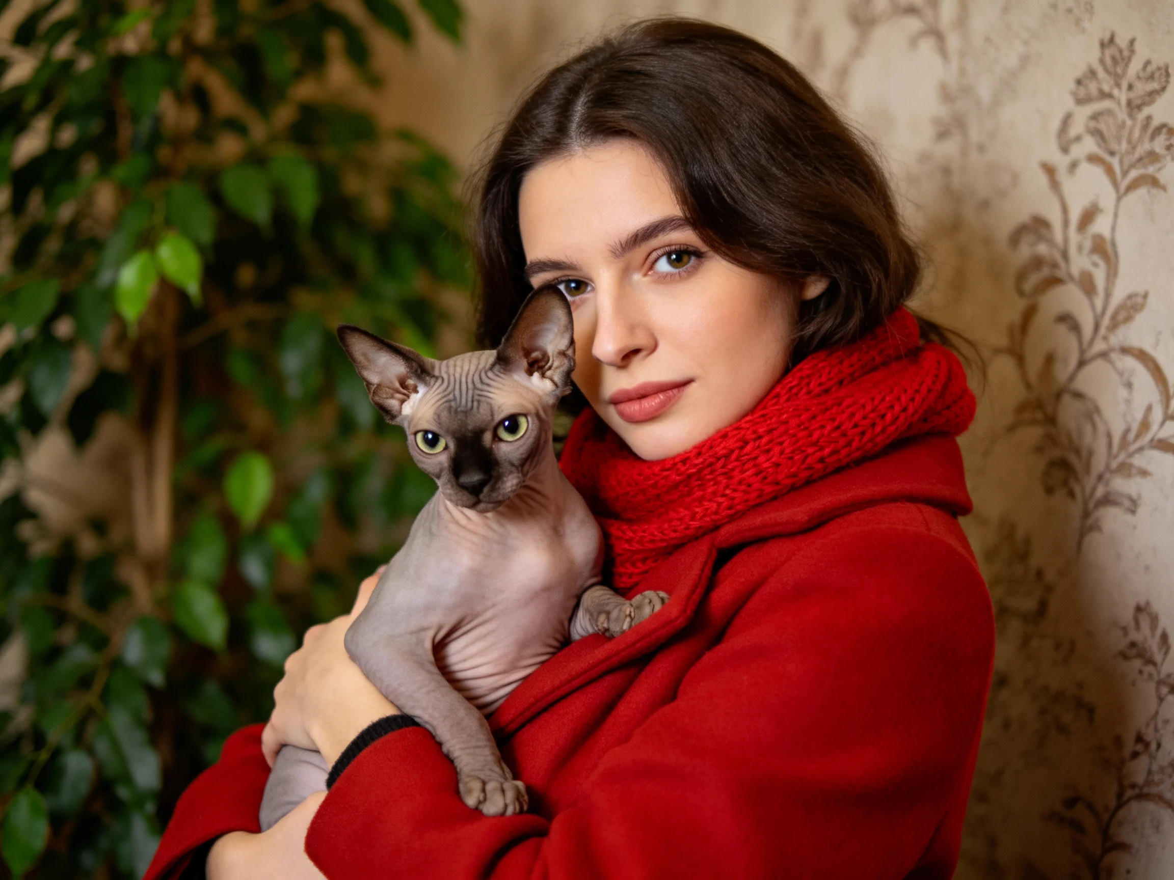 A woman in a bright red coat holds a hairless cat near greenery and floral wallpaper