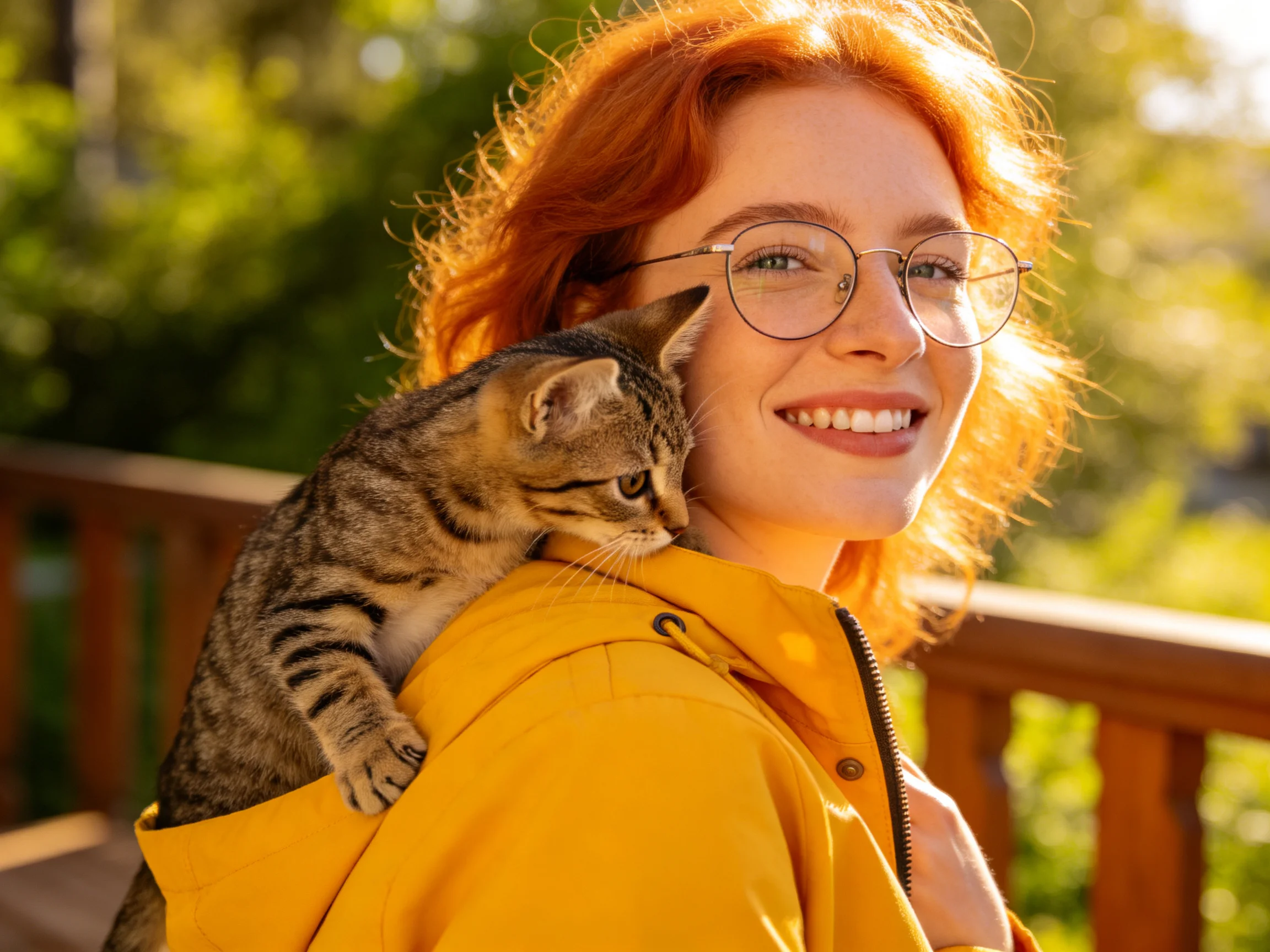 A woman in a bright yellow coat holds a tabby kitten outdoors