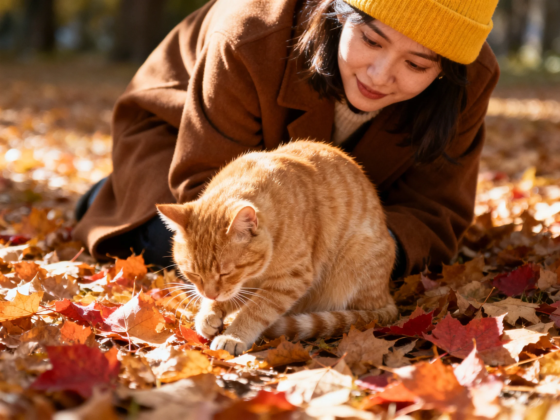 A woman in a brown coat interacts with an orange cat amid colorful autumn leaves