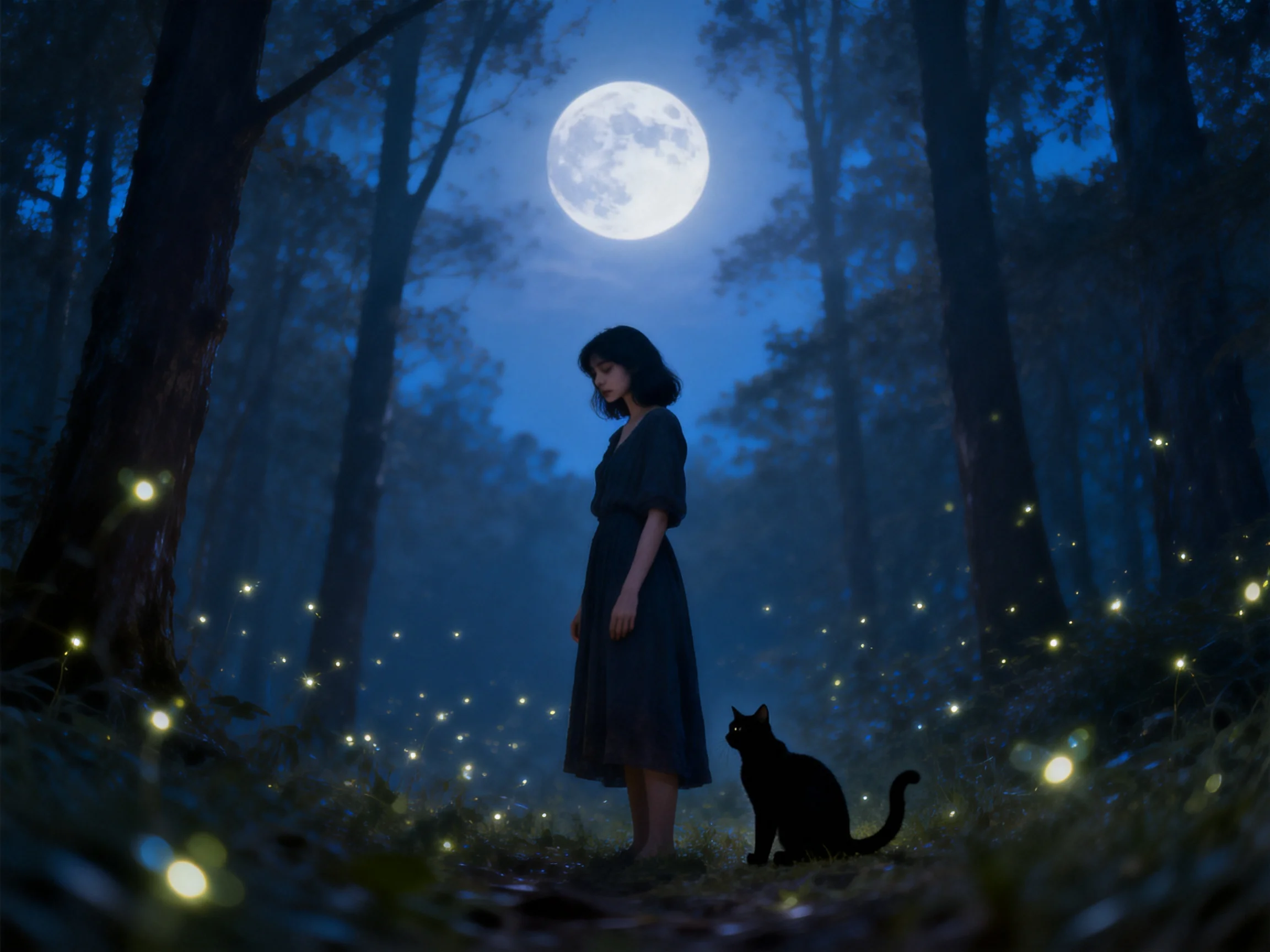 A woman in a dark dress stands beside a black cat under a bright moon with glowing fireflies