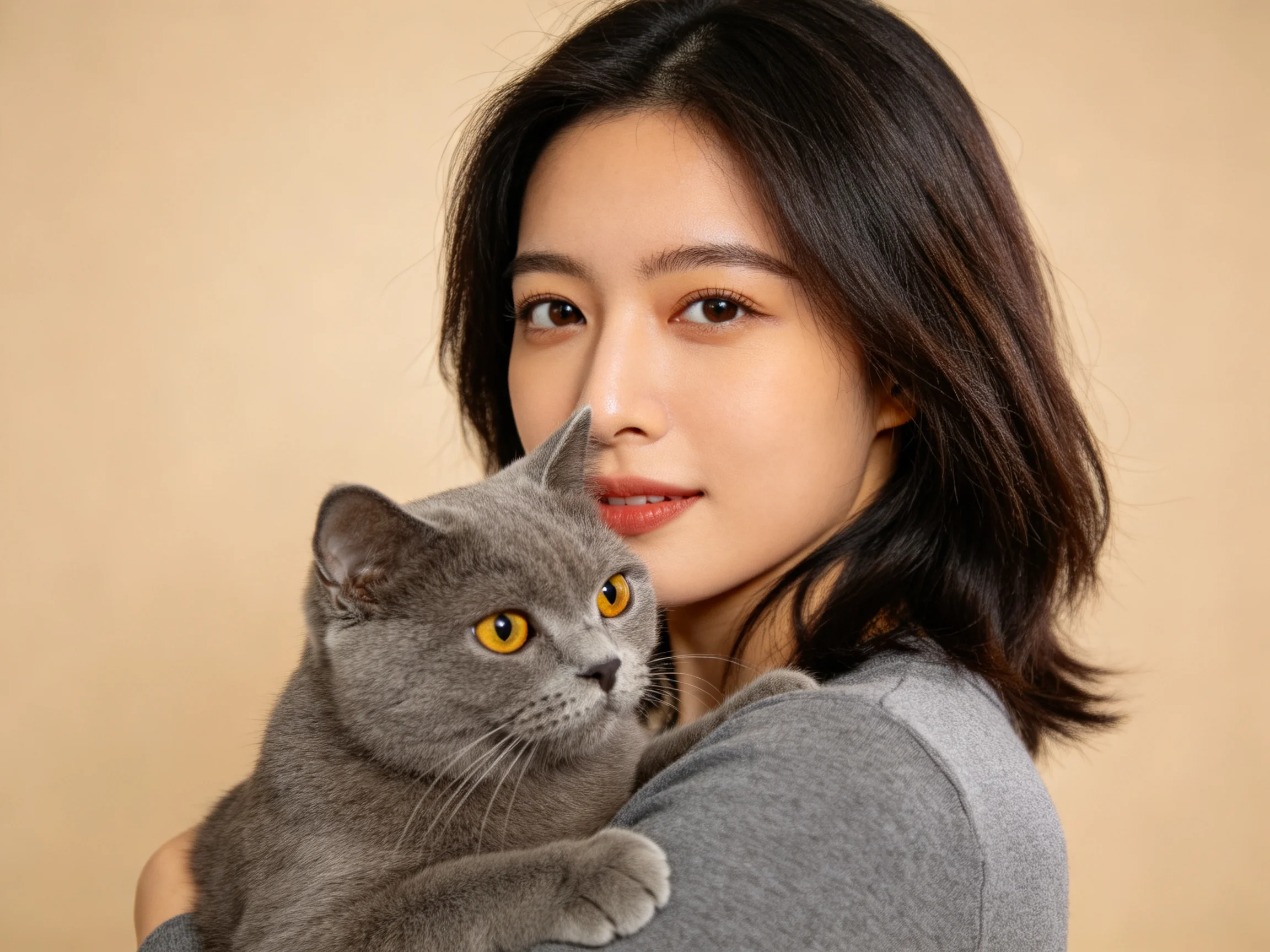 A woman in a gray shirt holds a gray cat with bright yellow eyes