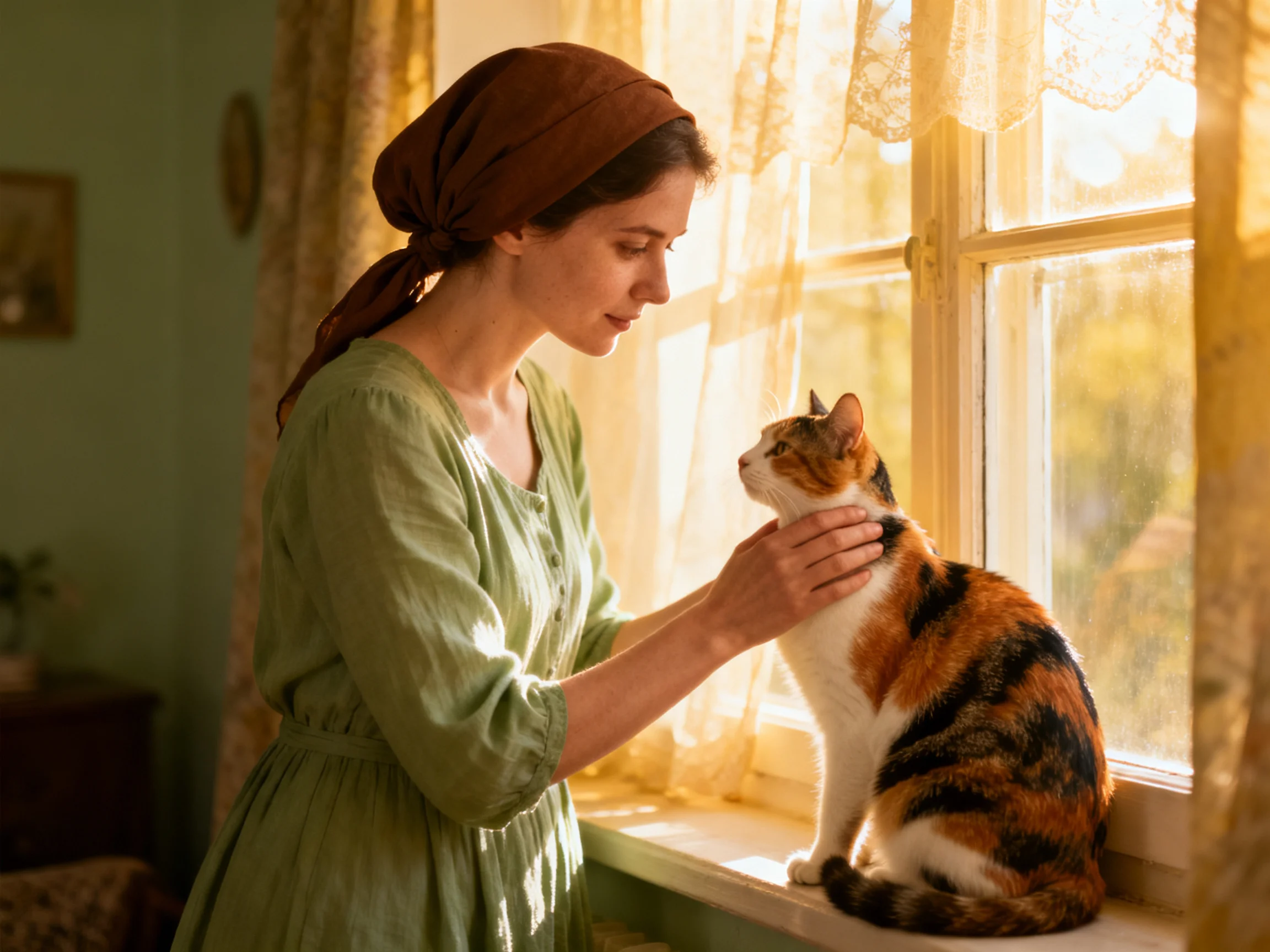 A woman in a green dress pets a calico cat by a sunlit window