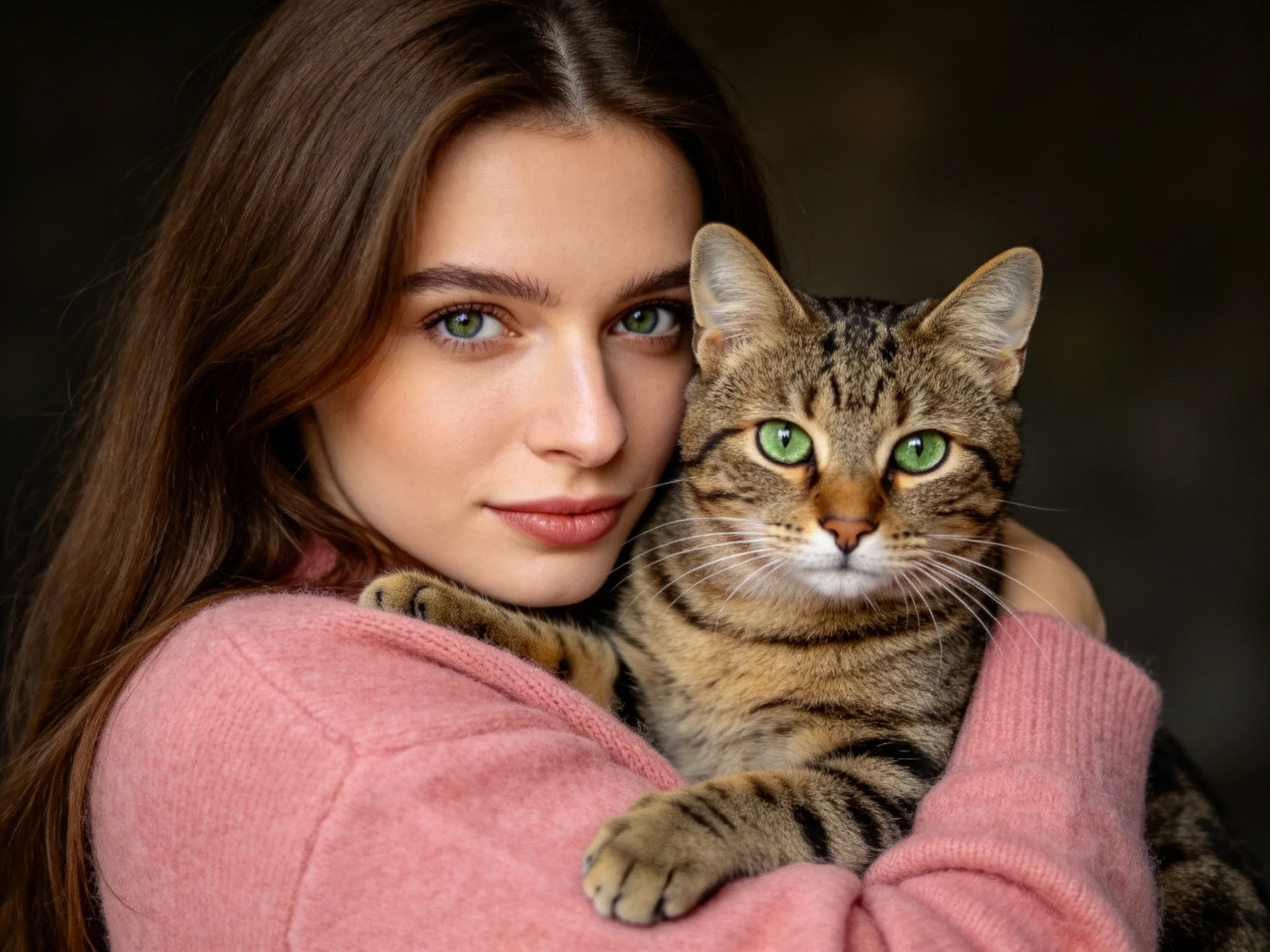 A woman holds a tabby cat with bright green eyes in her arms.