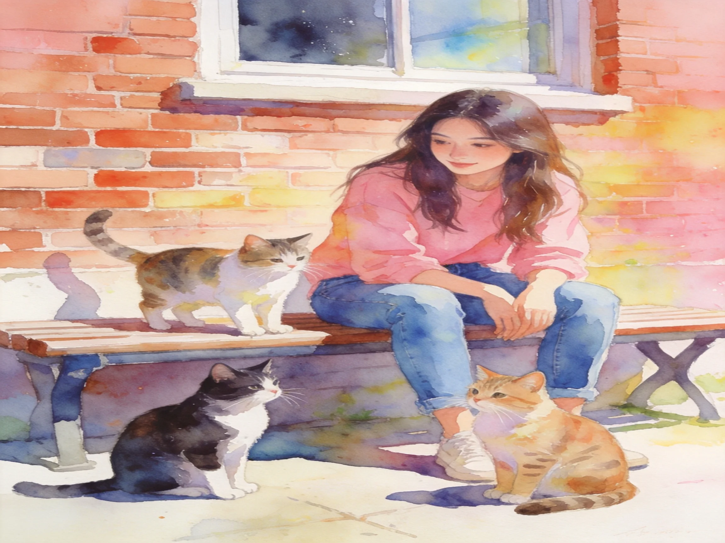 A woman in a pink sweater sits with three cats by a brick wall