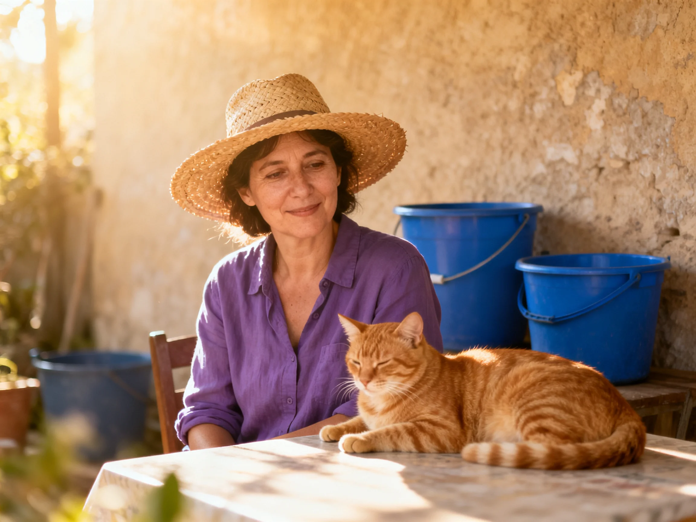 A woman in a purple shirt sits next to an orange cat with blue buckets under sunny light