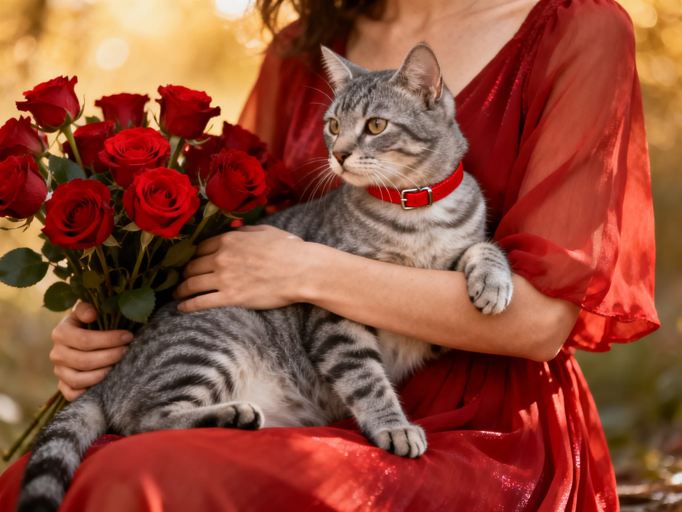 A woman in a red dress holds a gray tabby cat and red roses outdoors.