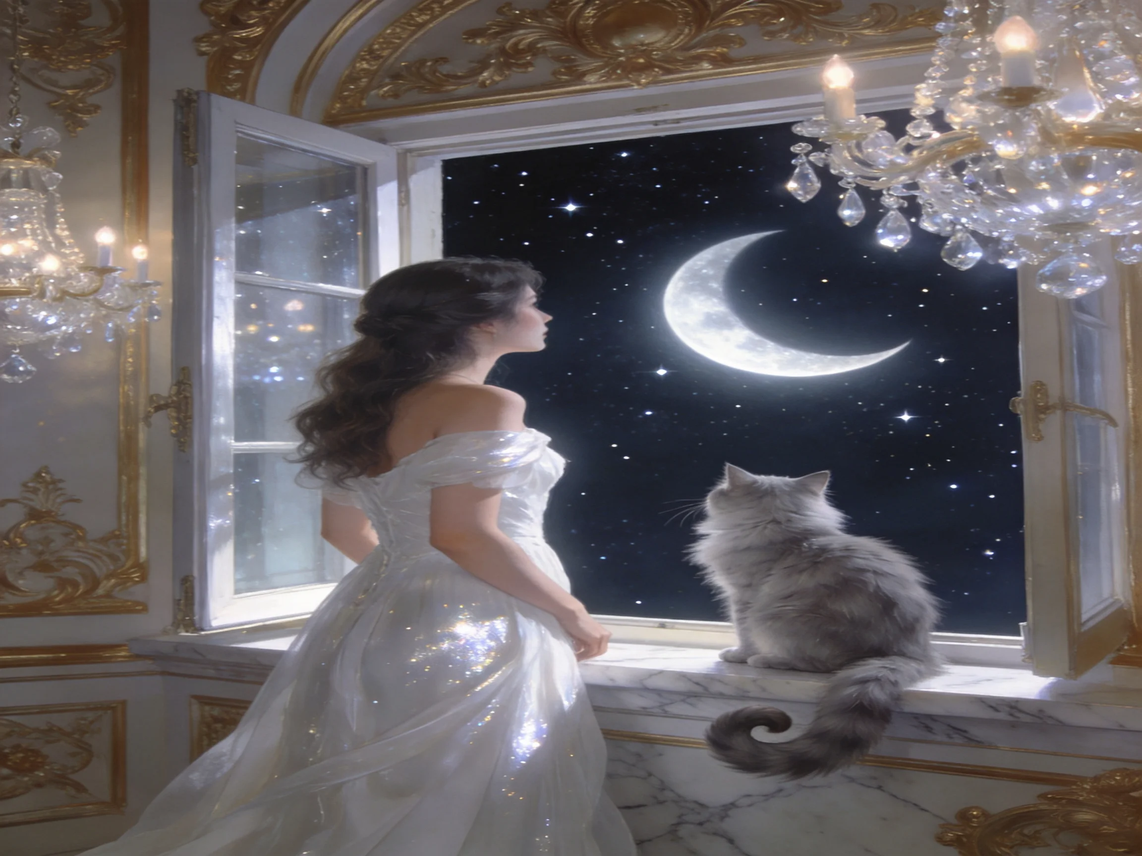 A woman in a shimmering white gown and gray cat view a crescent moon from an ornate window