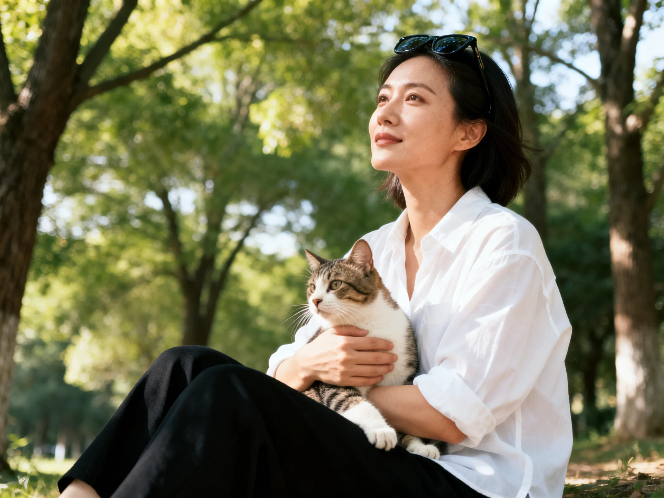 A woman in a white shirt holds a tabby cat in a sunlit park