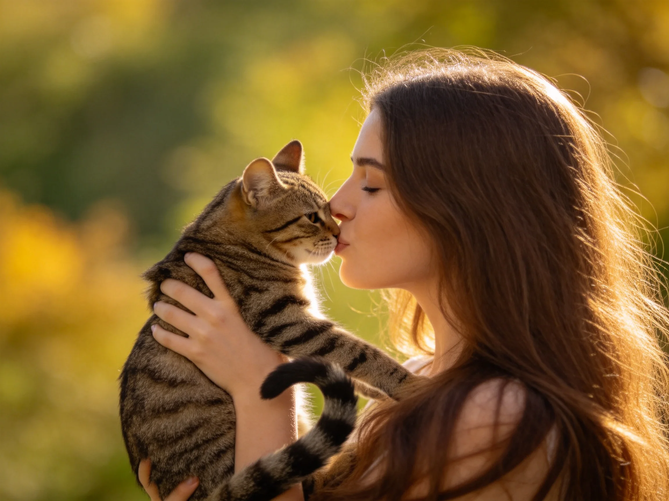 A woman kissing a brown tabby cat in a sunlit natural landscape