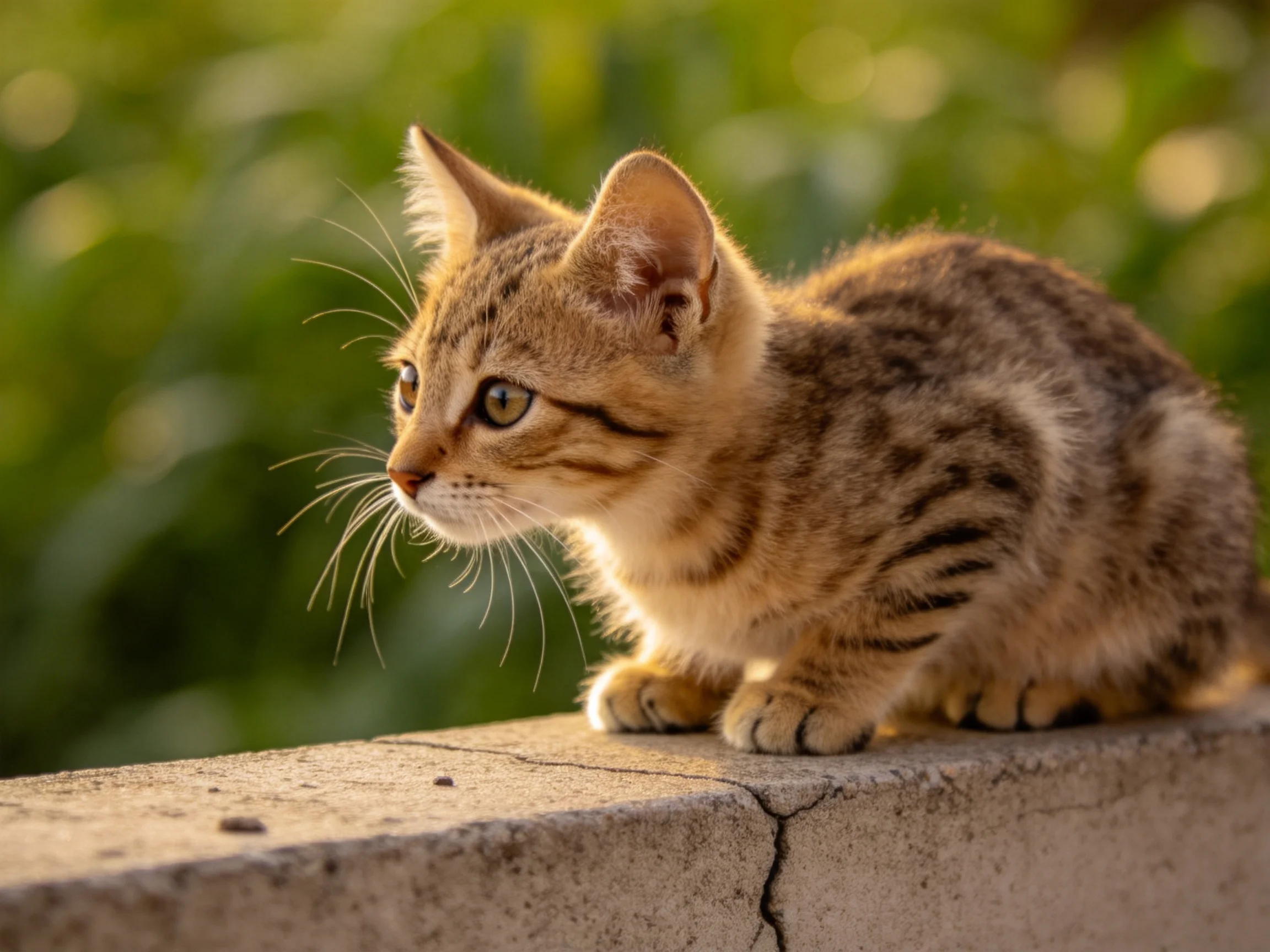 A young brown tabby kitten sits alertly on a concrete ledge near greenery.