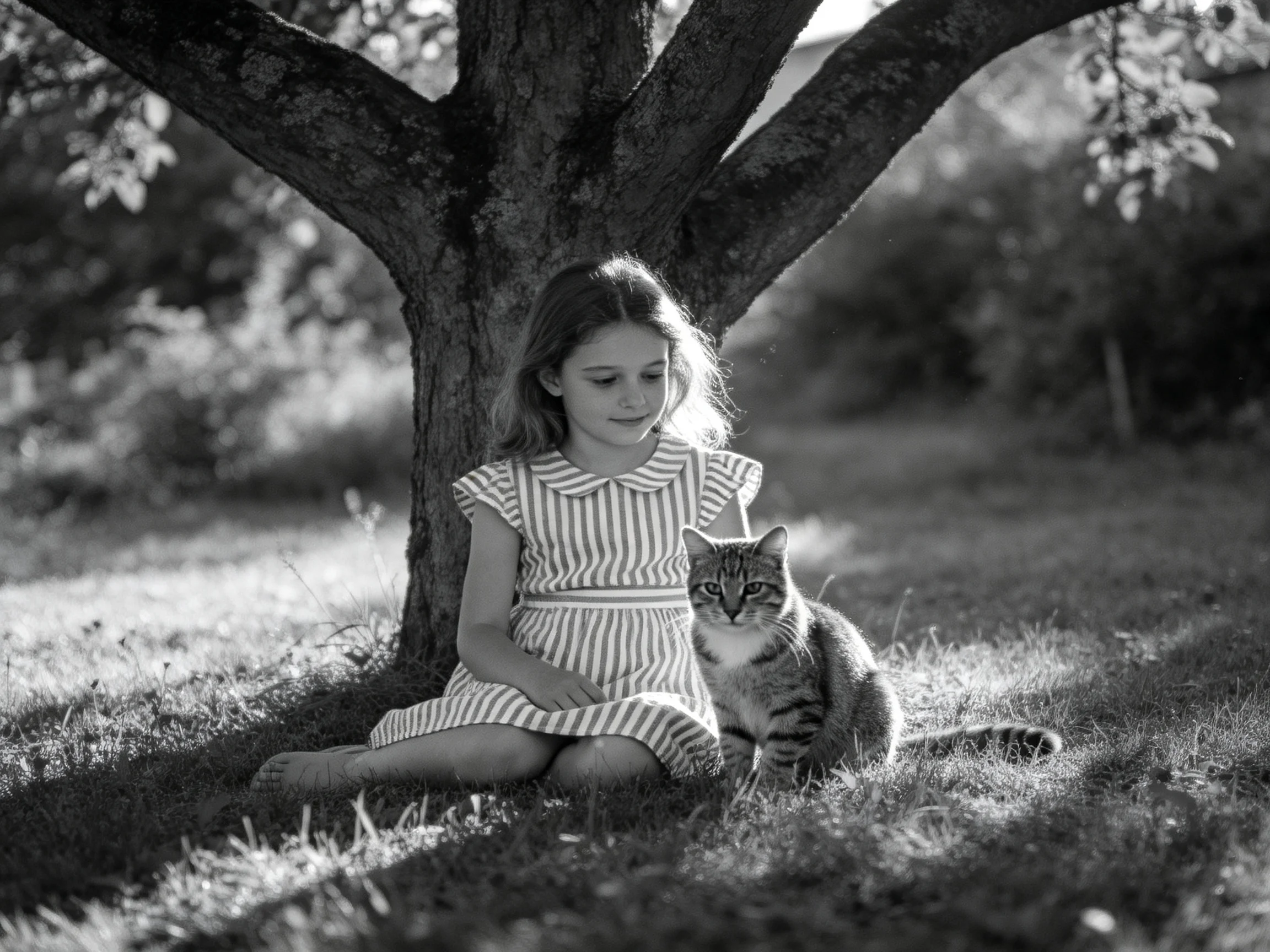 A young girl in a striped dress sits by a tree with a tabby cat