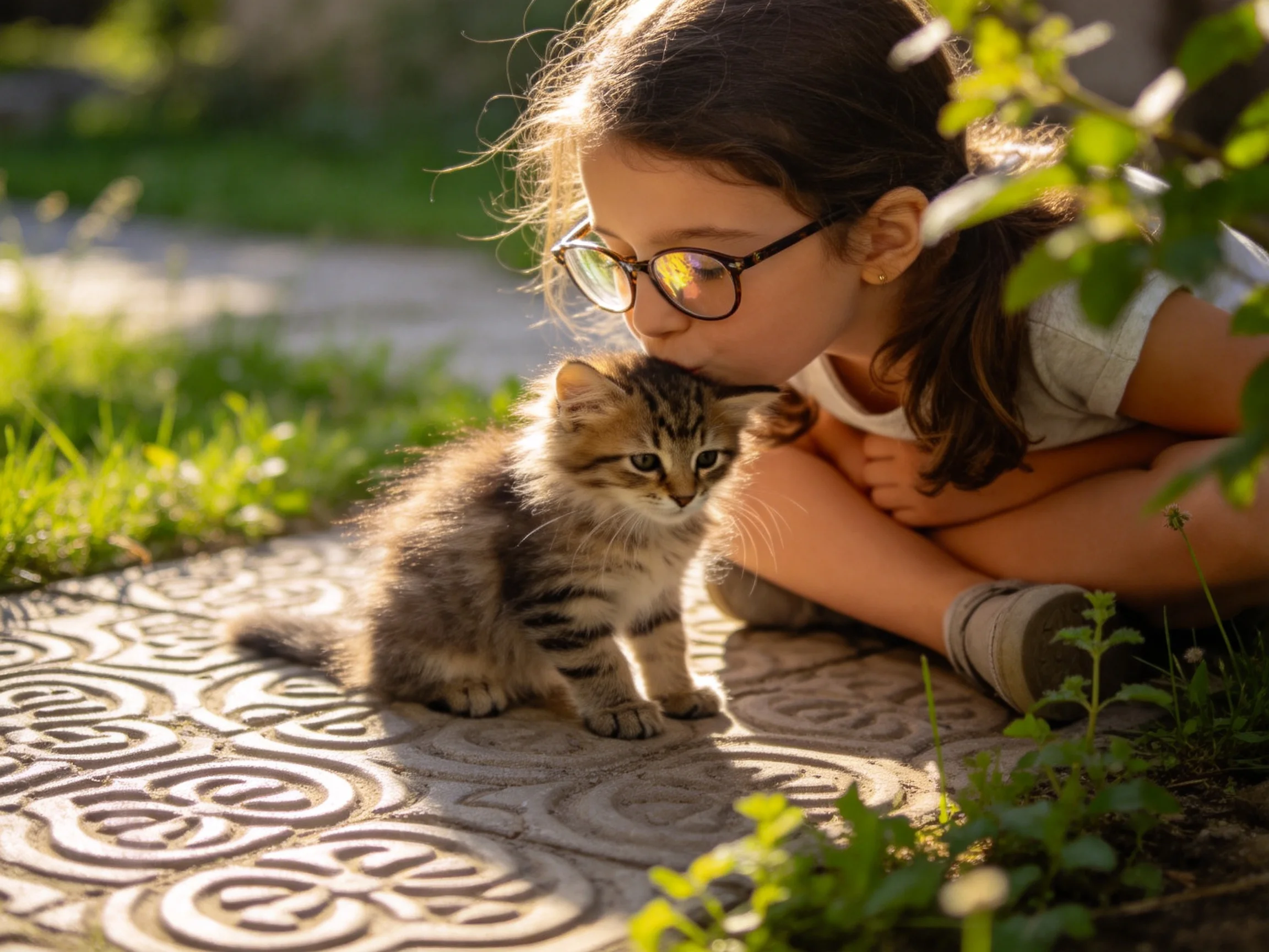 A young girl kisses a tabby kitten on a decorative stone path