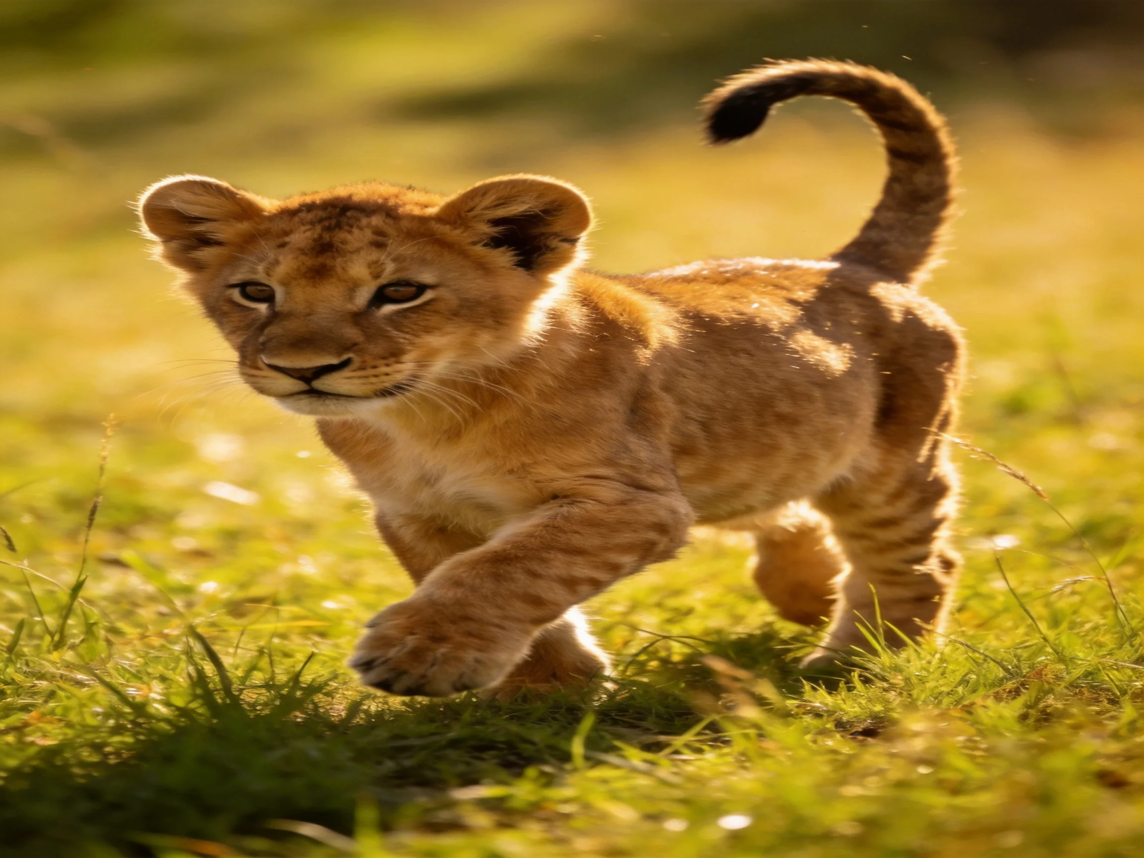 A young lion cub explores a sunlit grassy meadow