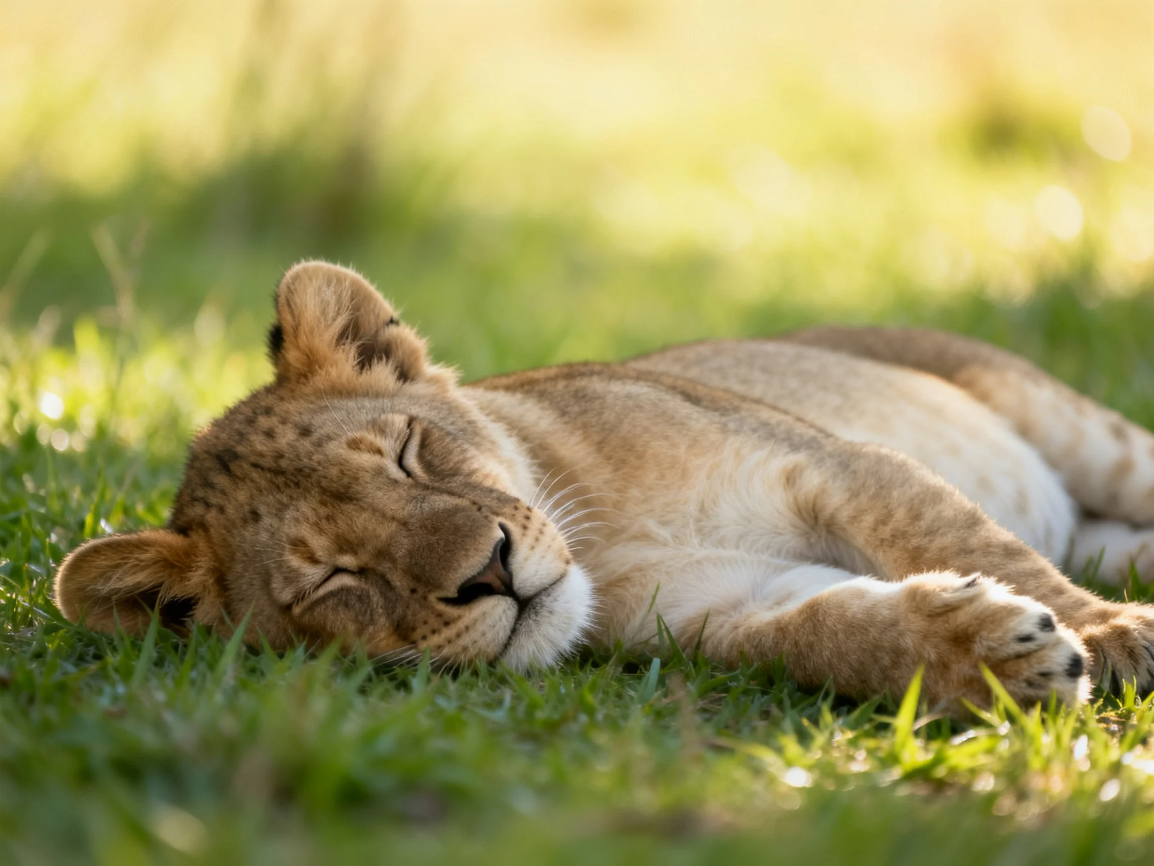 A young lion cub sleeps peacefully on grass in a sunlit setting.