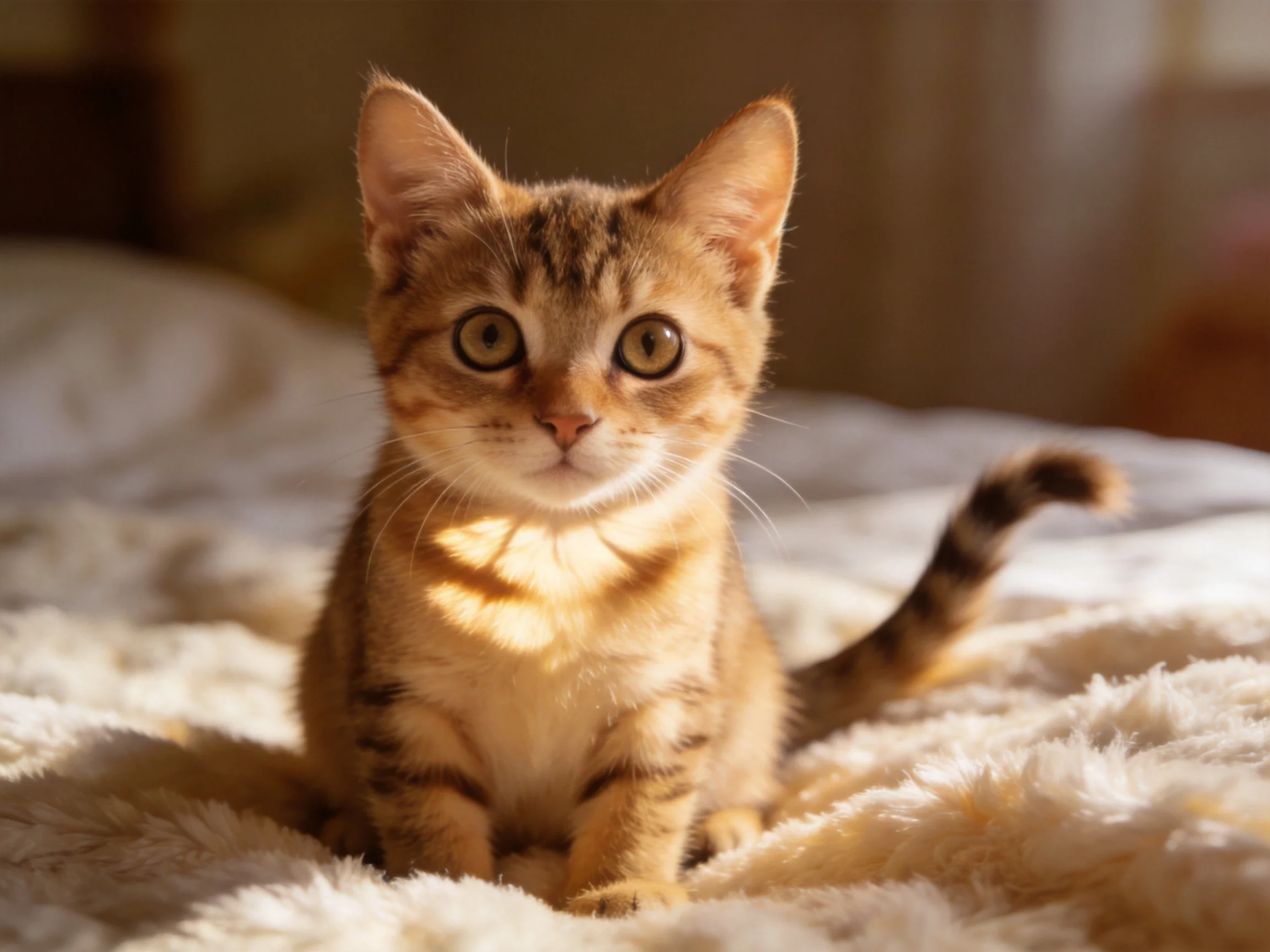 A young orange-brown tabby kitten sits on a fluffy white blanket in warm sunlight