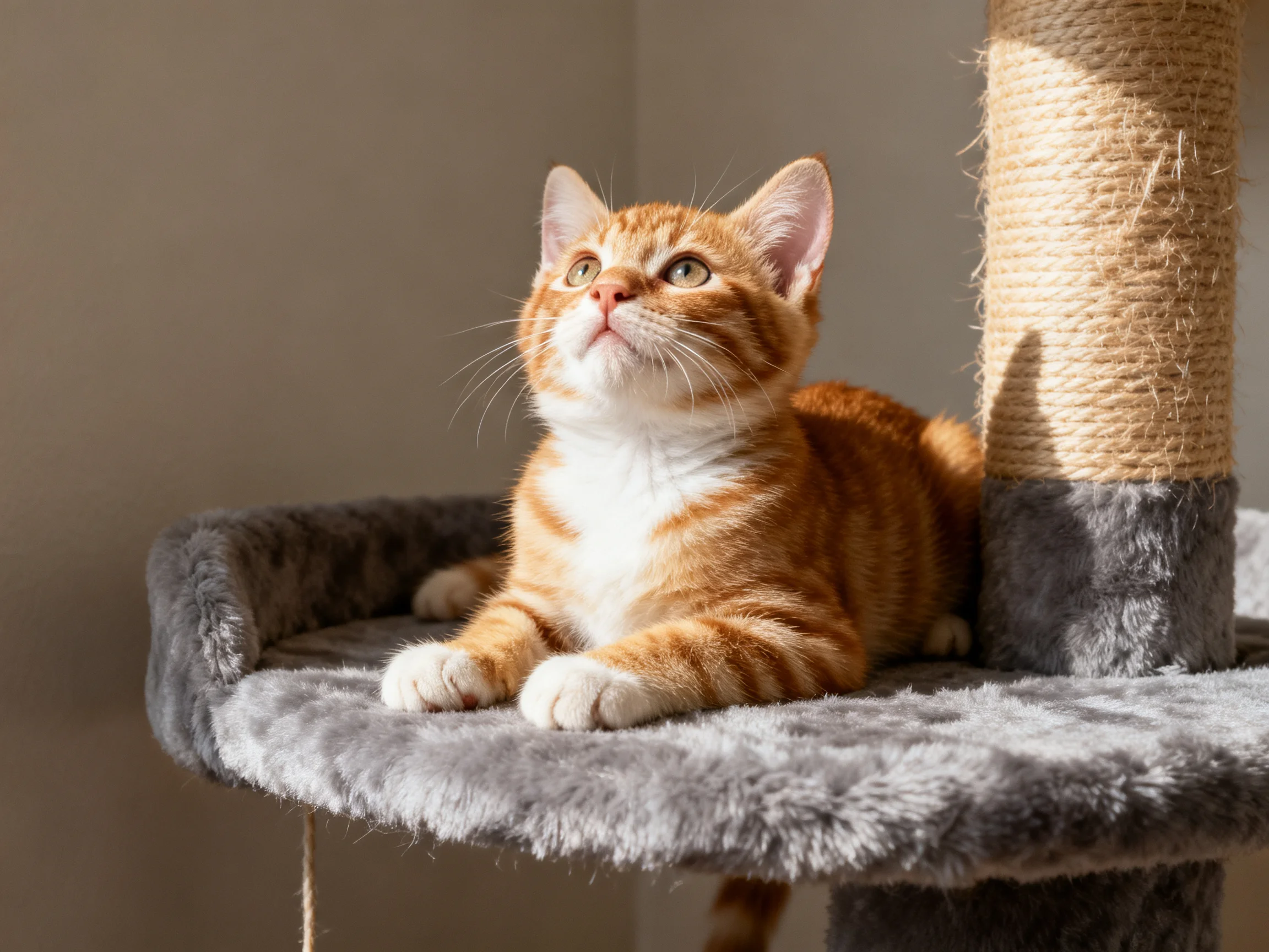 A young orange tabby kitten lounges on a plush gray cat tree platform
