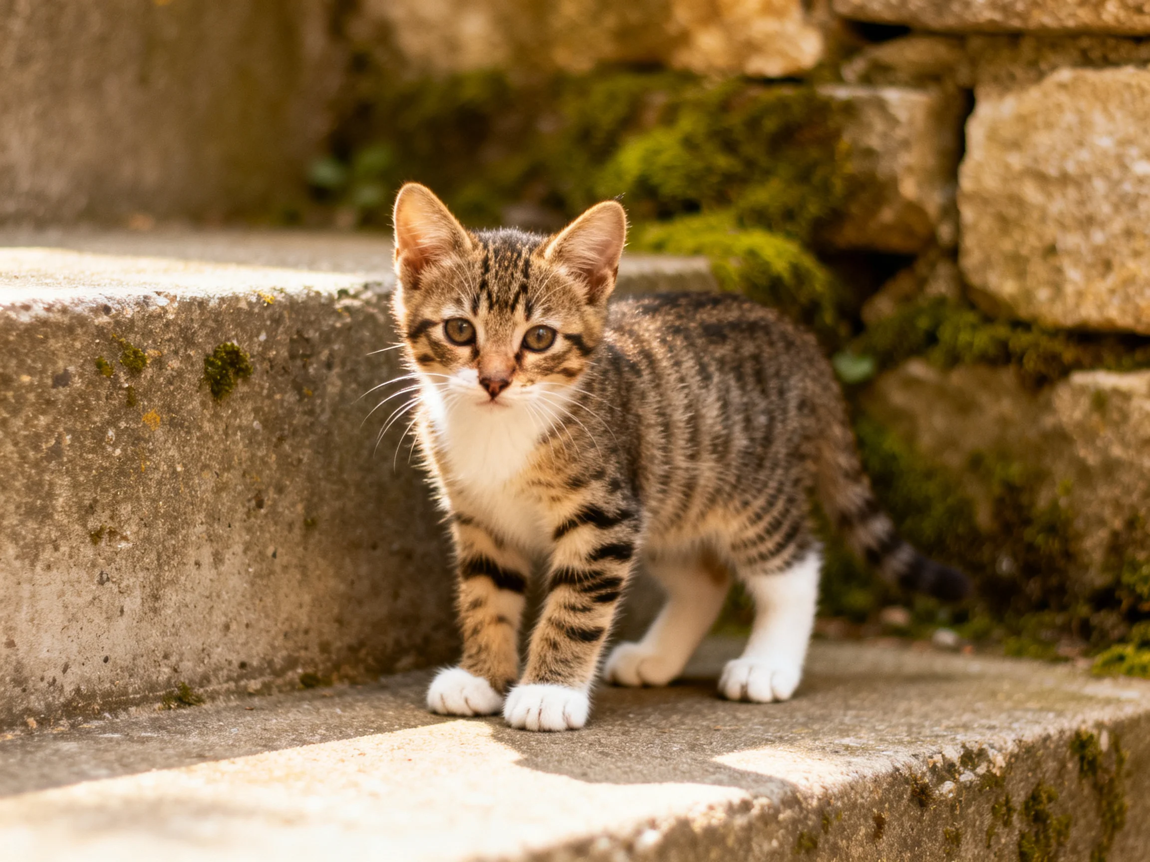 A young tabby kitten stands on aged stone steps beside moss-covered stone walls.