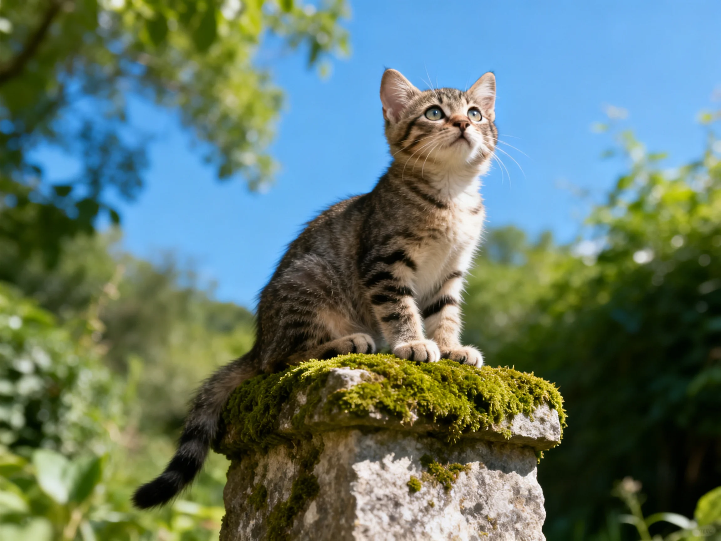 A young tabby kitten perches on a moss-covered stone post