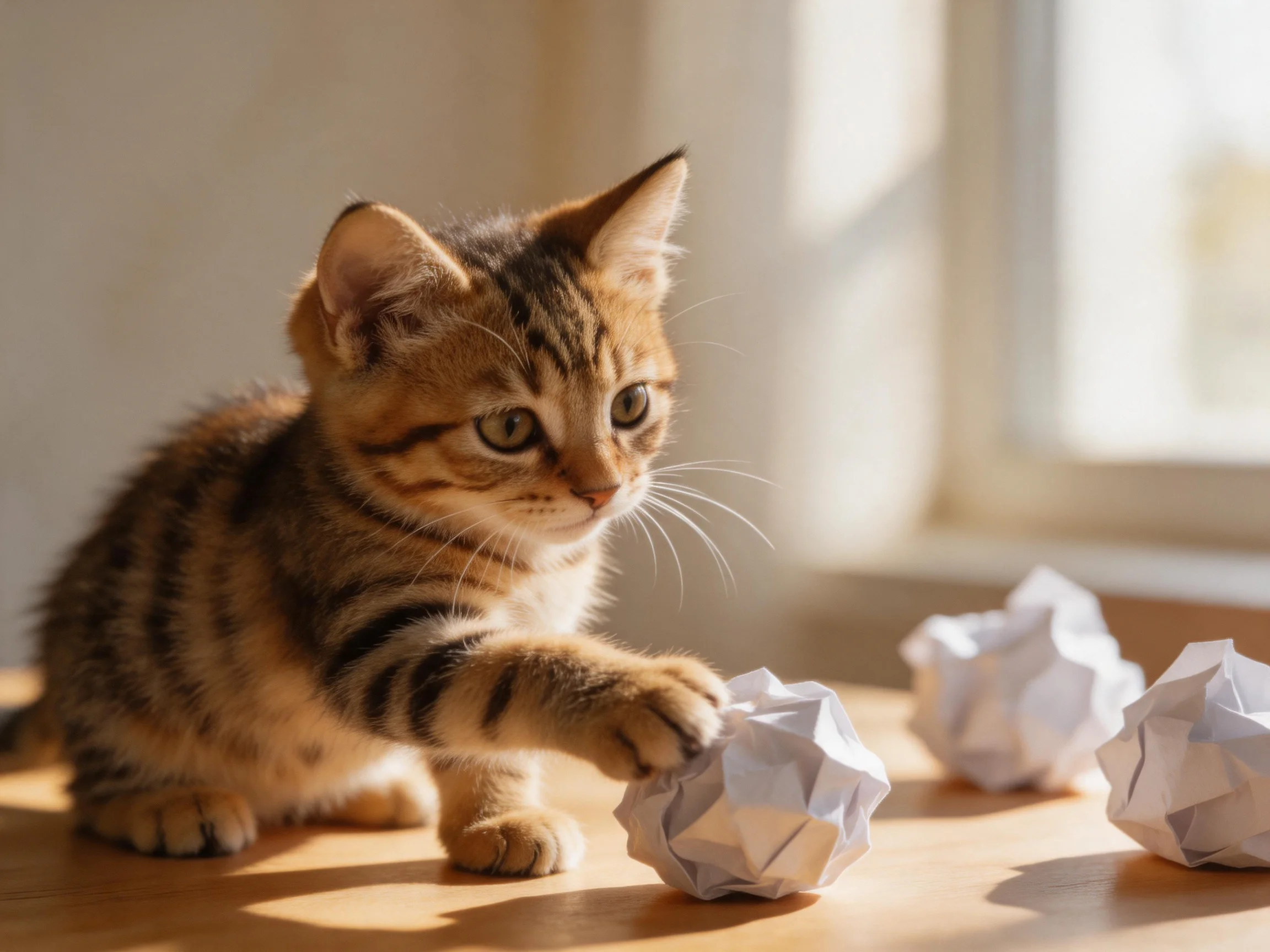 A young tabby kitten interacts with crumpled papers on a sunlit wooden surface.