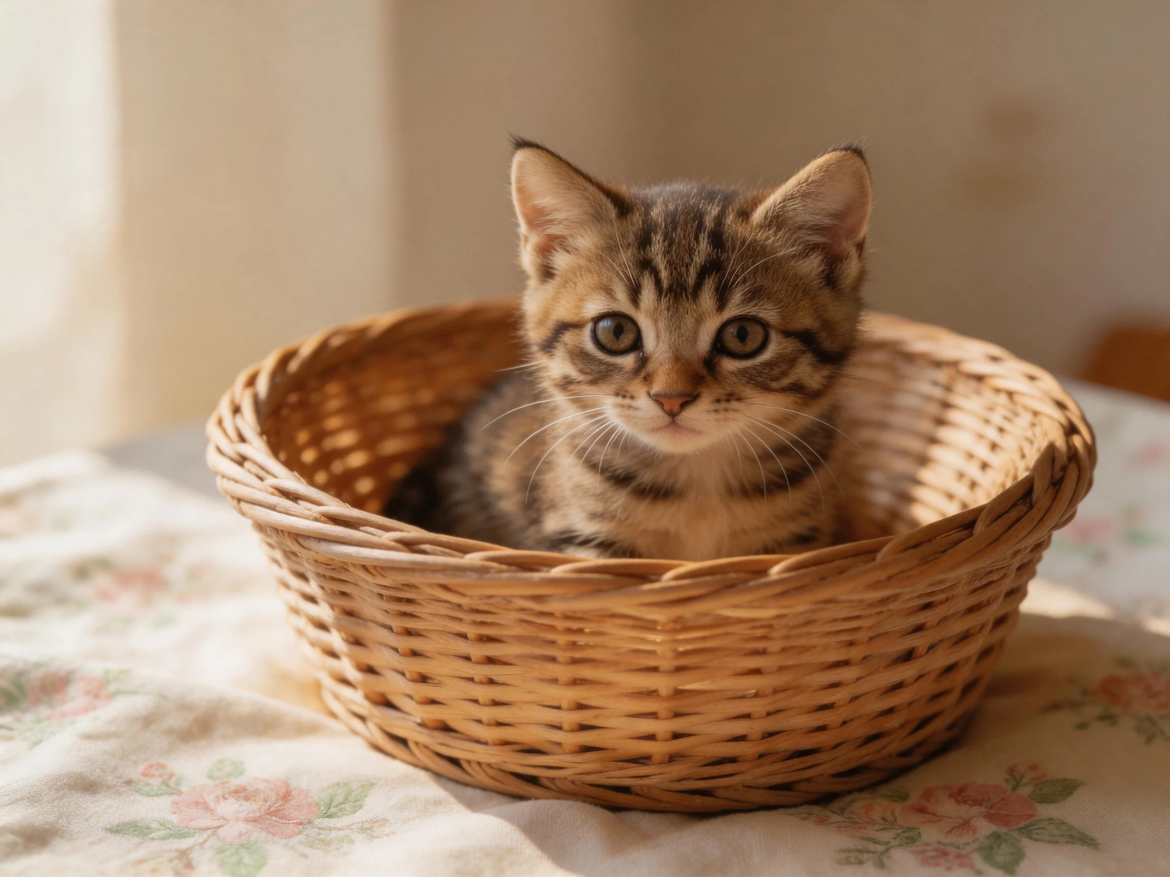 A young tabby kitten sits in a woven wicker basket on a floral tablecloth